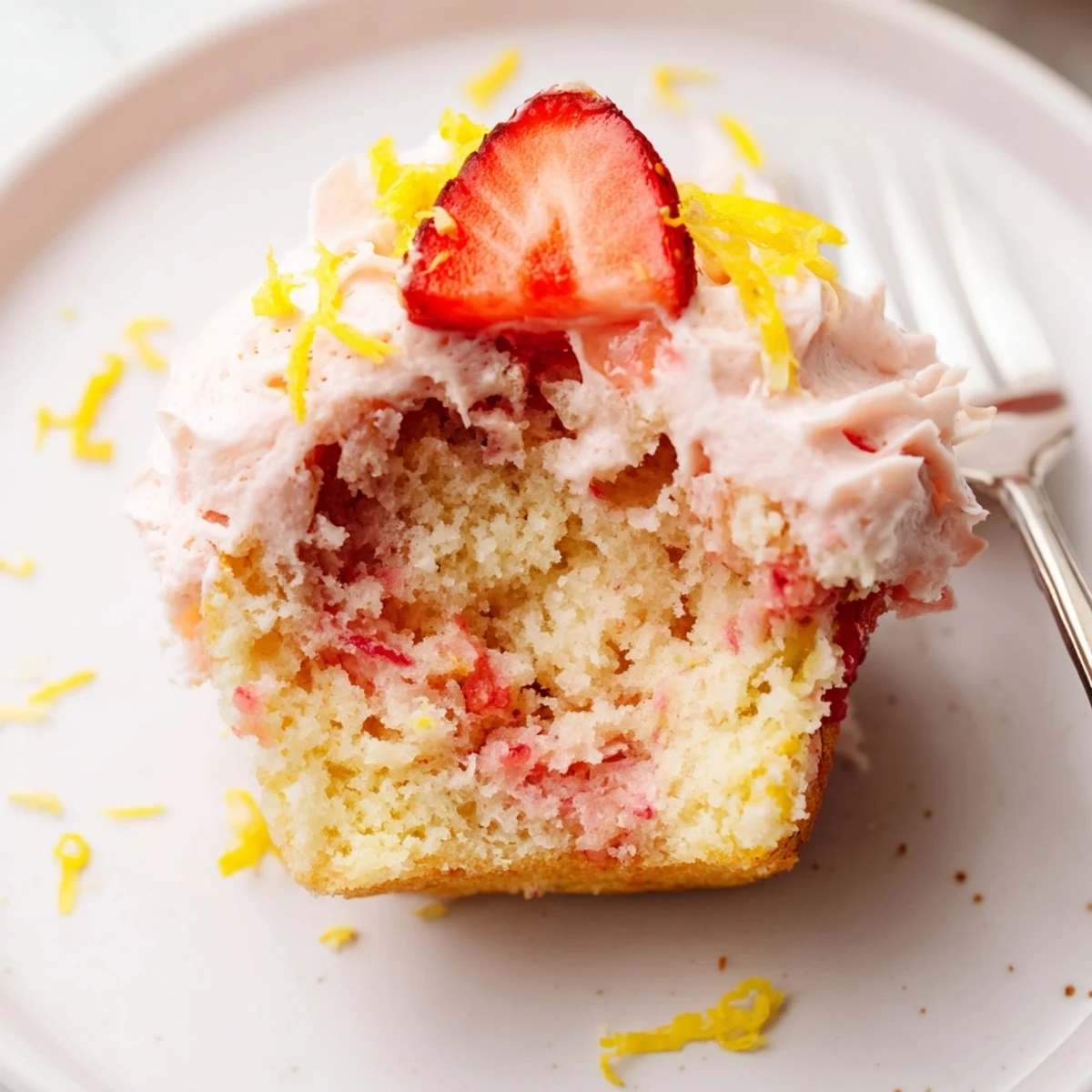 A plate of Strawberry Lemonade Cupcakes topped with piped pink frosting, lemon zest