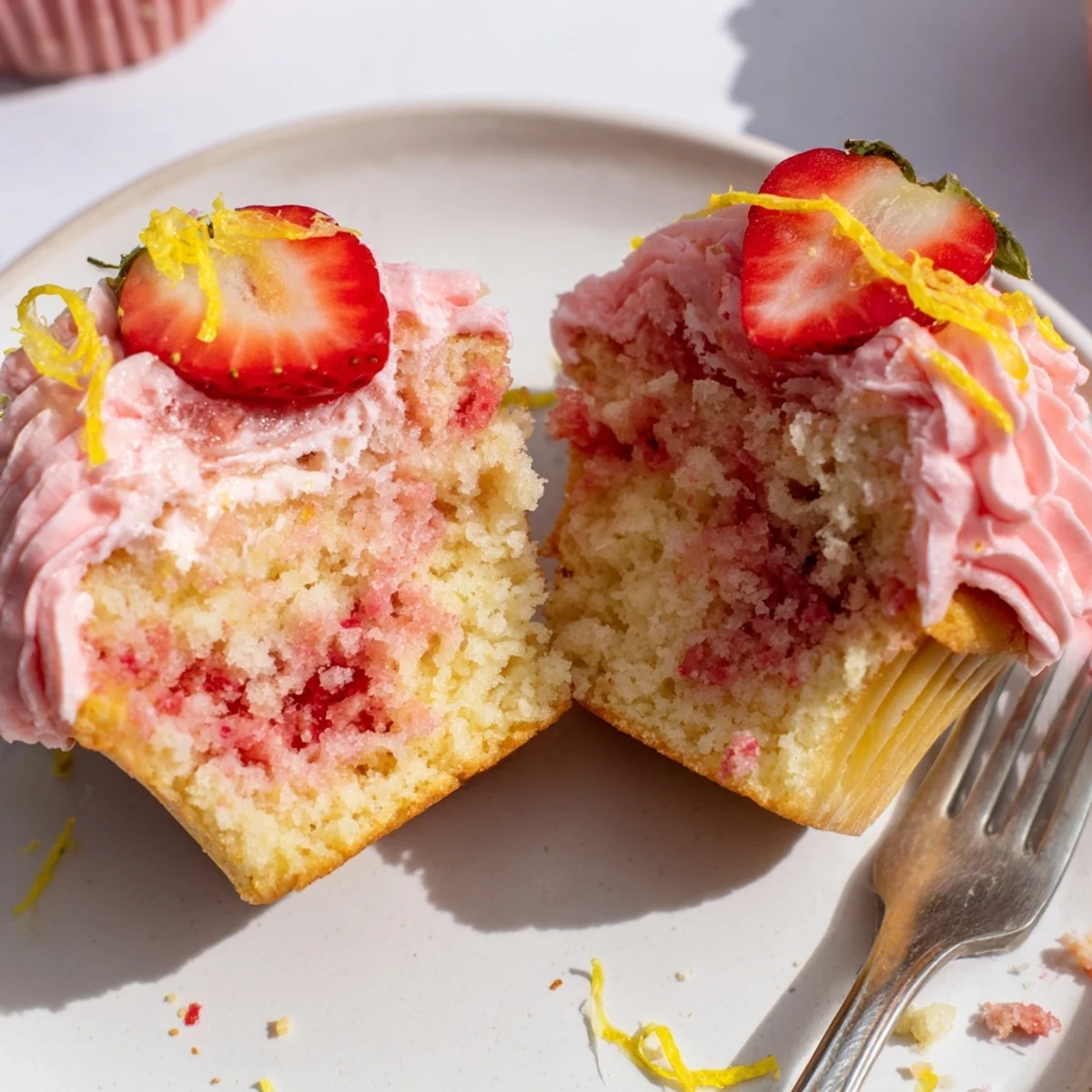 Mini picnic-ready Strawberry Lemonade Cupcakes, bright citrus aroma and tender strawberry pieces