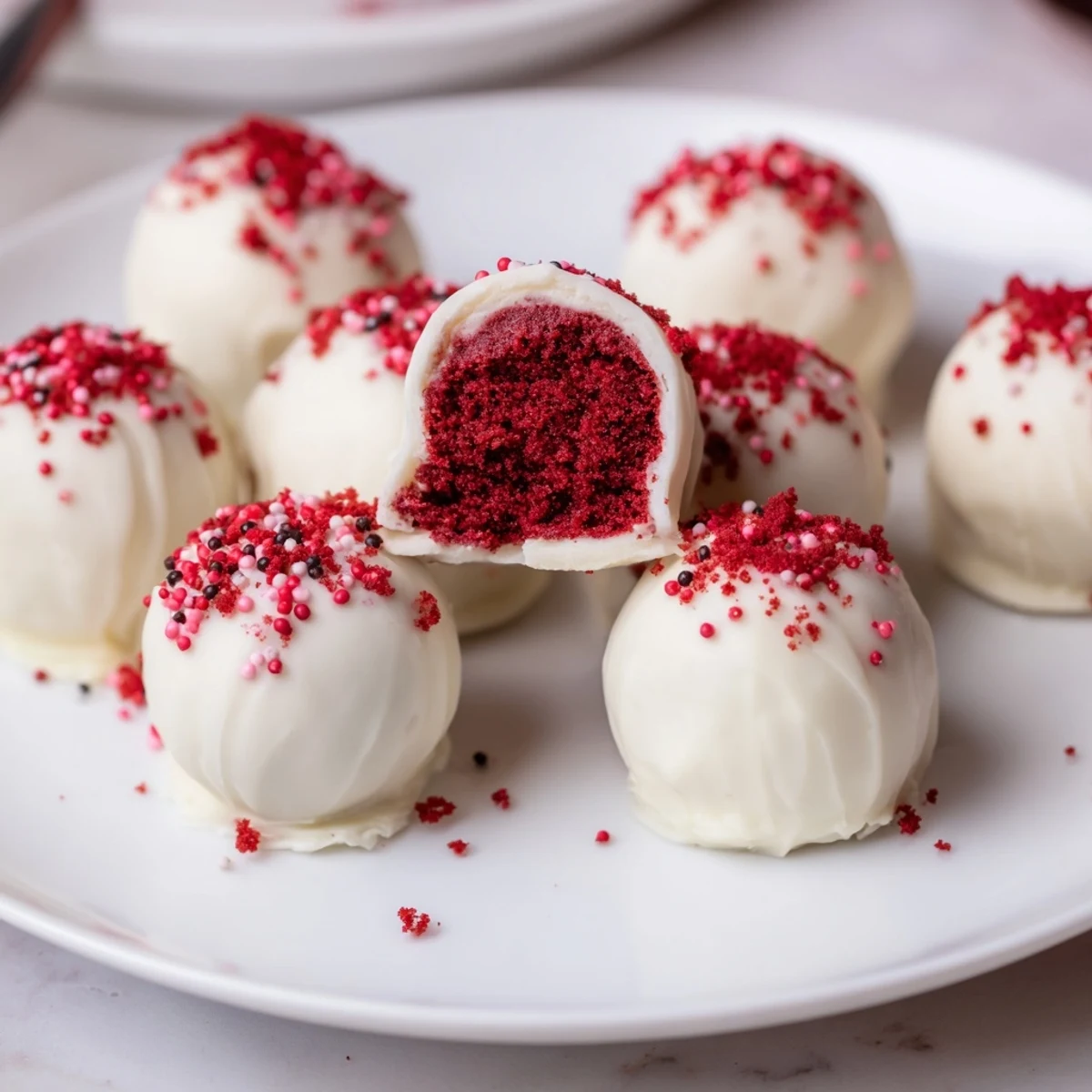 Red Velvet Cheesecake Balls glistening in chocolate, topped with red crumbs