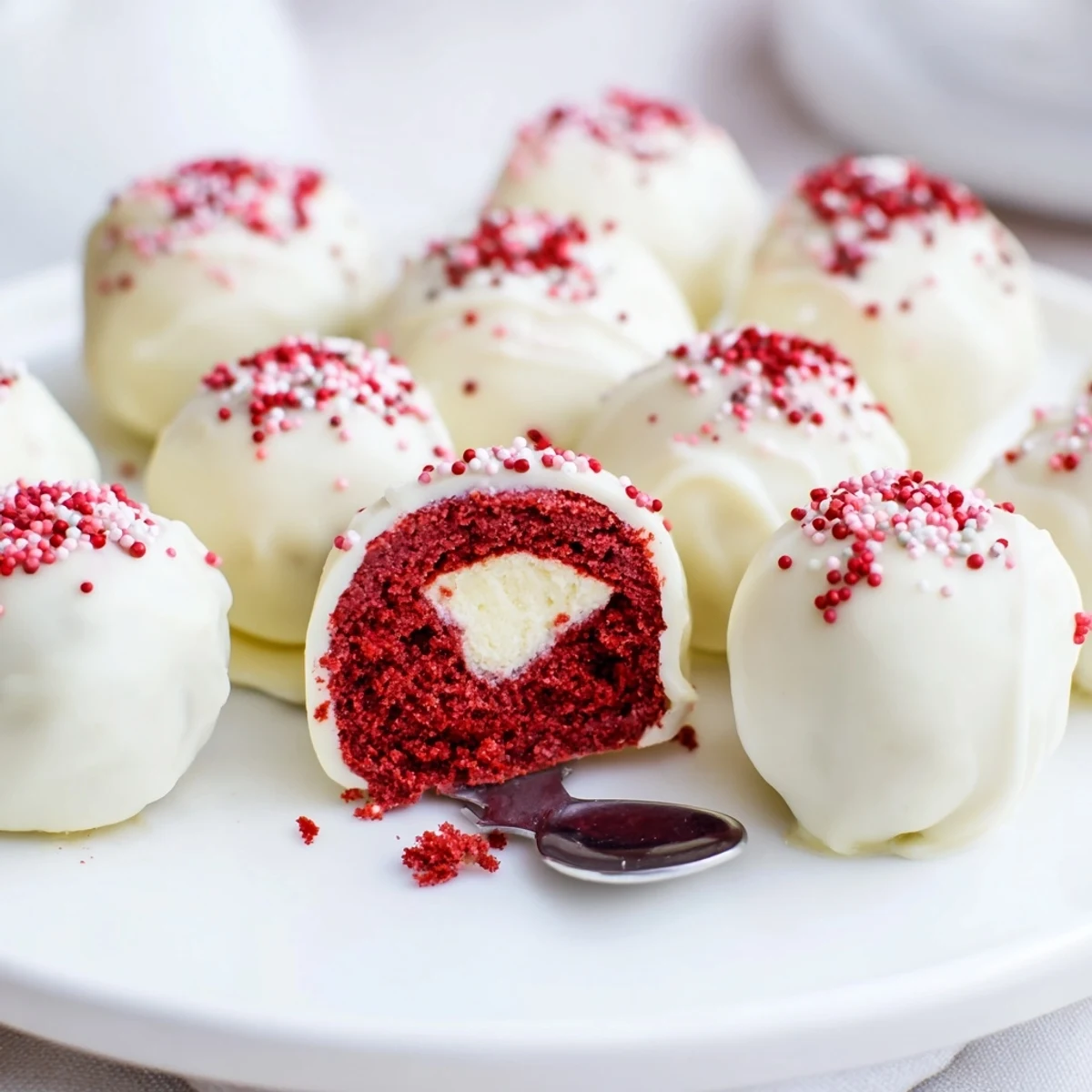 Plated Red Velvet Cheesecake Balls chilled, creamy centers peeking through coating