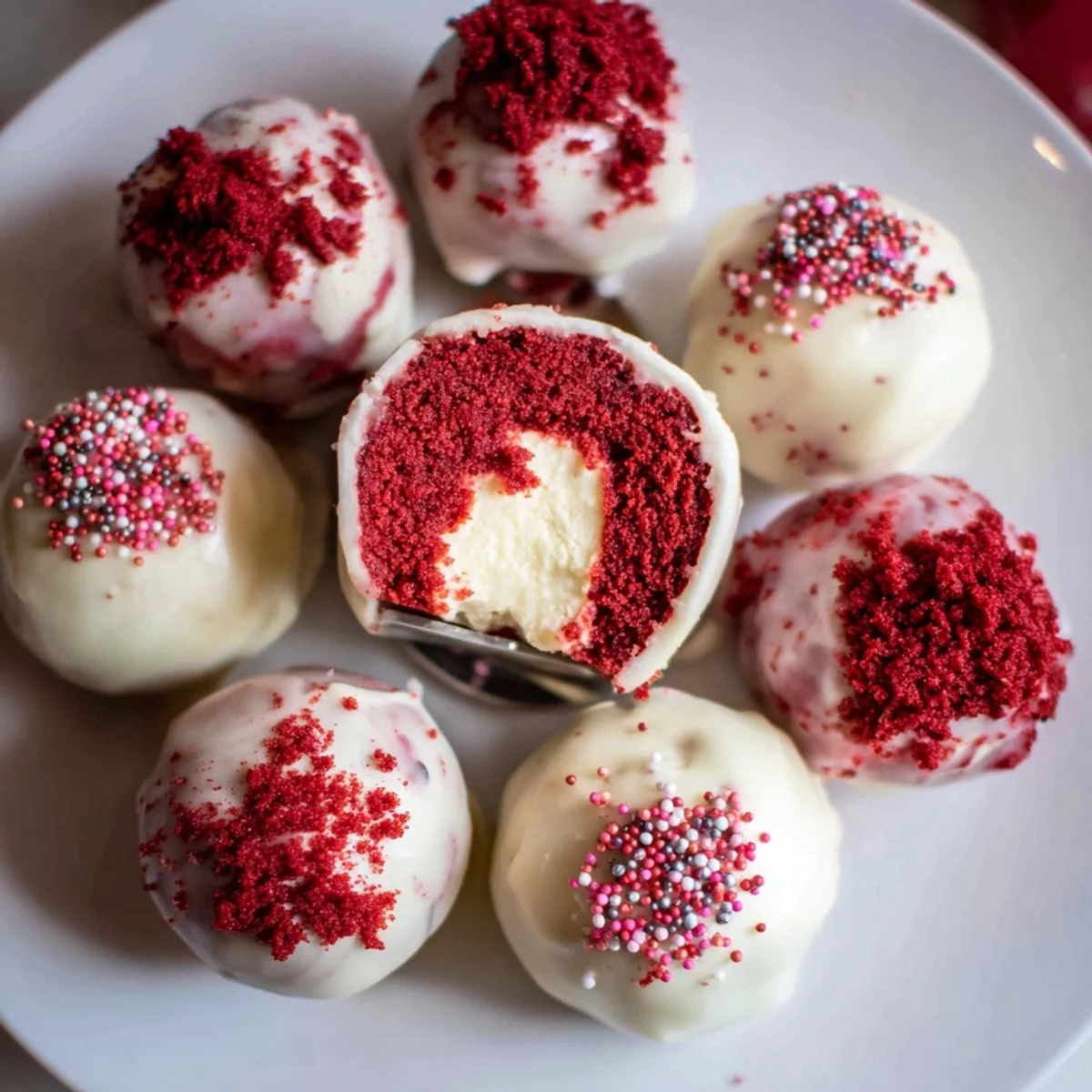 Serve Red Velvet Cheesecake Balls at parties, rich, velvety bites with sprinkles