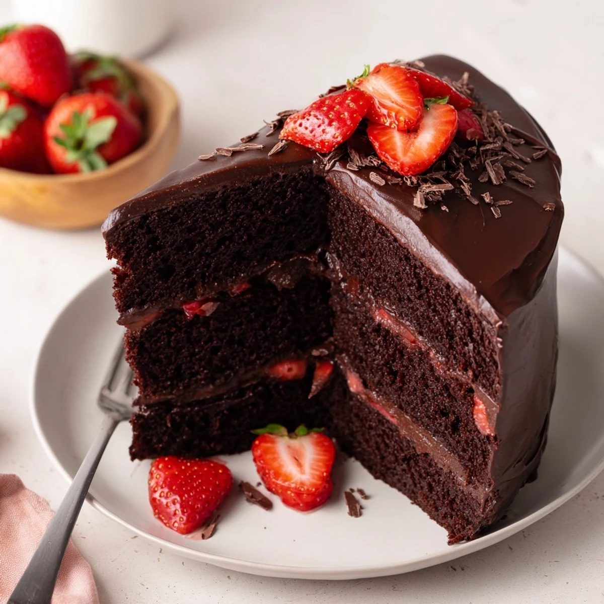 Strawberry Chocolate Cake with glossy ganache, fresh strawberries, and moist chocolate layers