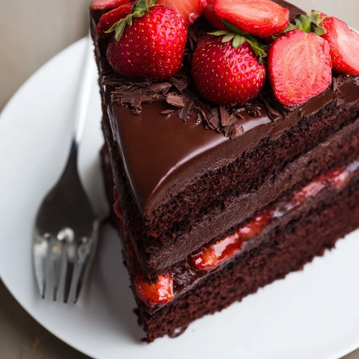 Slice of Strawberry Chocolate Cake on white plate, rich ganache oozing, berry aroma