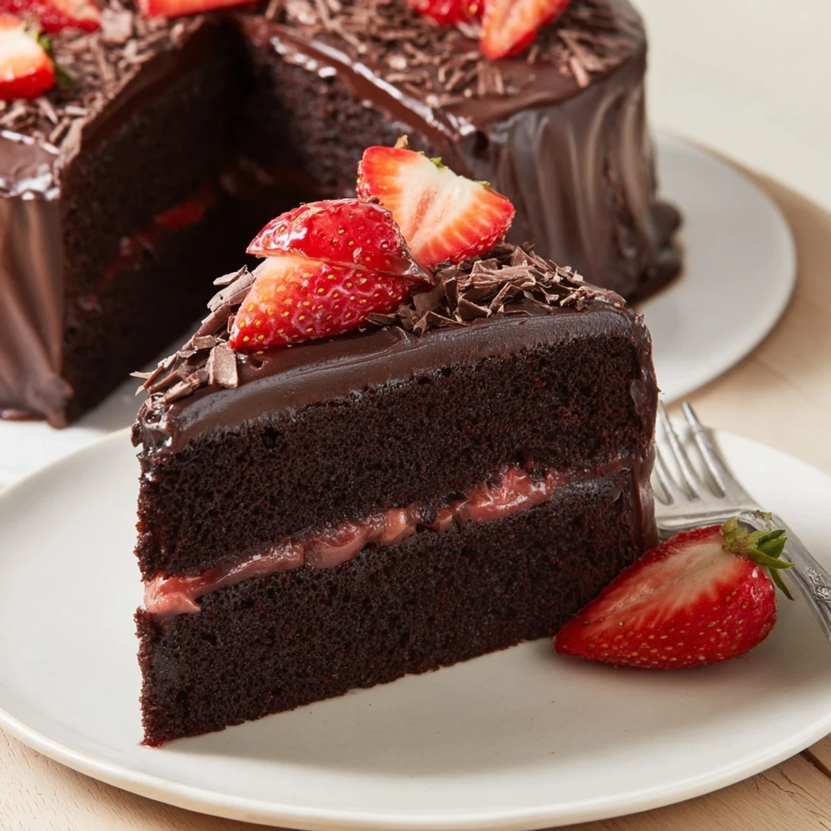 Homemade Strawberry Chocolate Cake chilled for cleaner slices, topped with whole berries