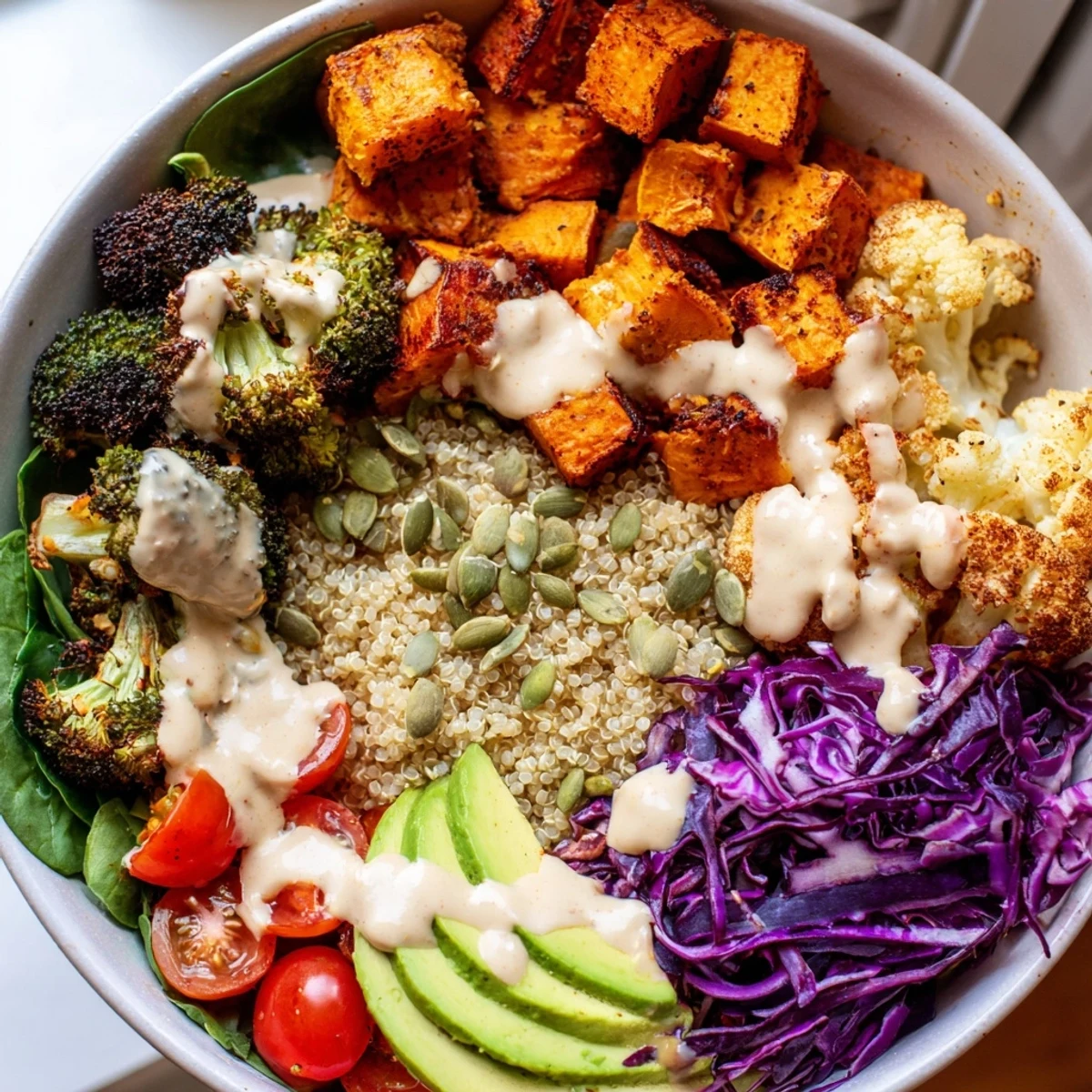 Vegan Buddha Bowl with roasted sweet potatoes, creamy avocado, and tahini drizzle
