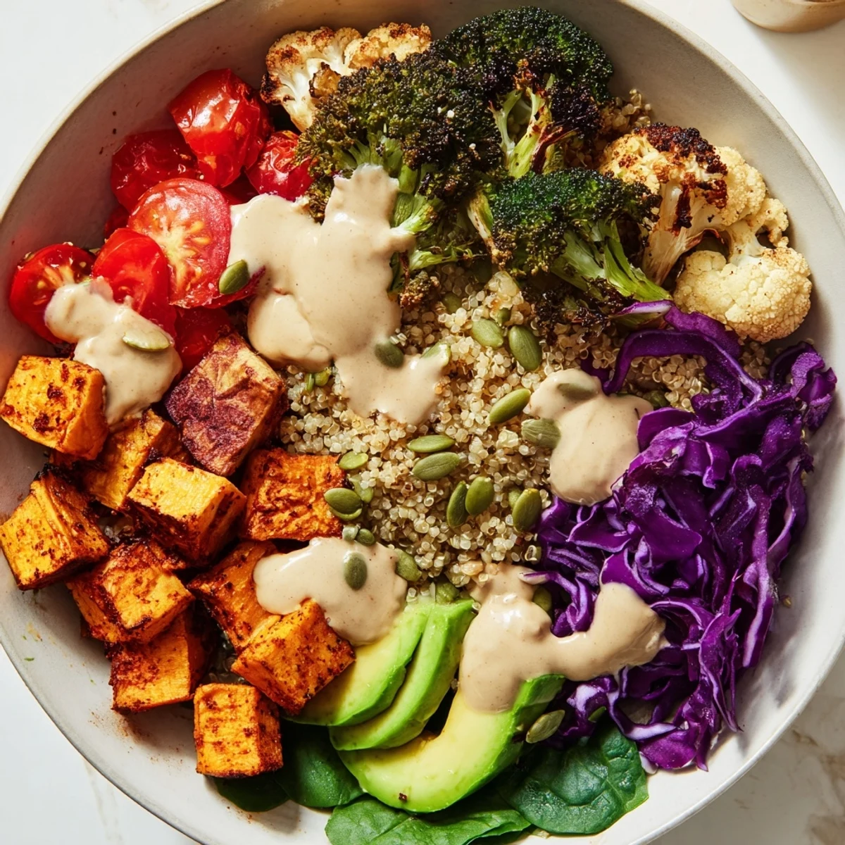 Vegan Buddha Bowl topped with smoky roasted broccoli and a rich lemon-tahini dressing