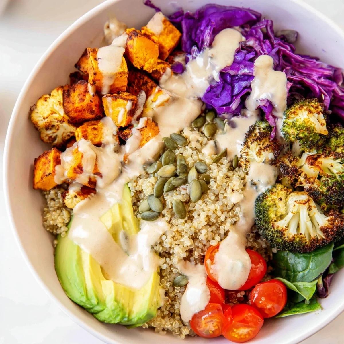 Colorful Vegan Buddha Bowl featuring fluffy quinoa, crisp veggies, and golden pepitas