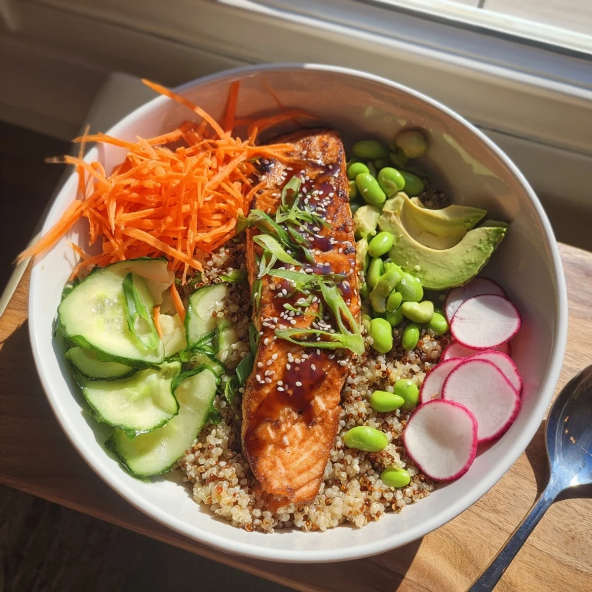 A perfectly glazed Asian salmon grain bowl with vibrant crisp vegetables and fluffy brown rice