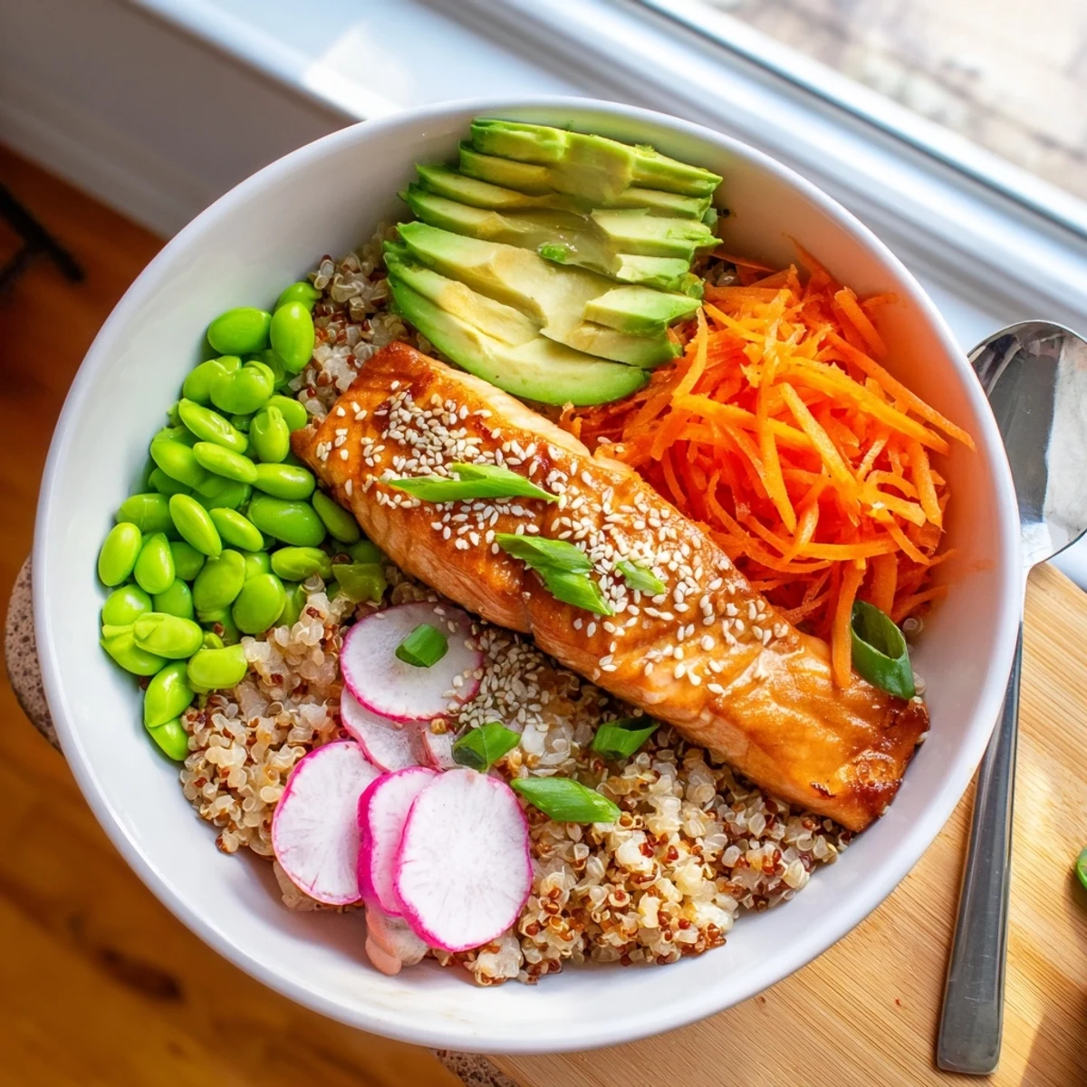 Tender caramelized salmon fillet nestled atop hearty grains with fresh cucumber avocado and sesame seeds