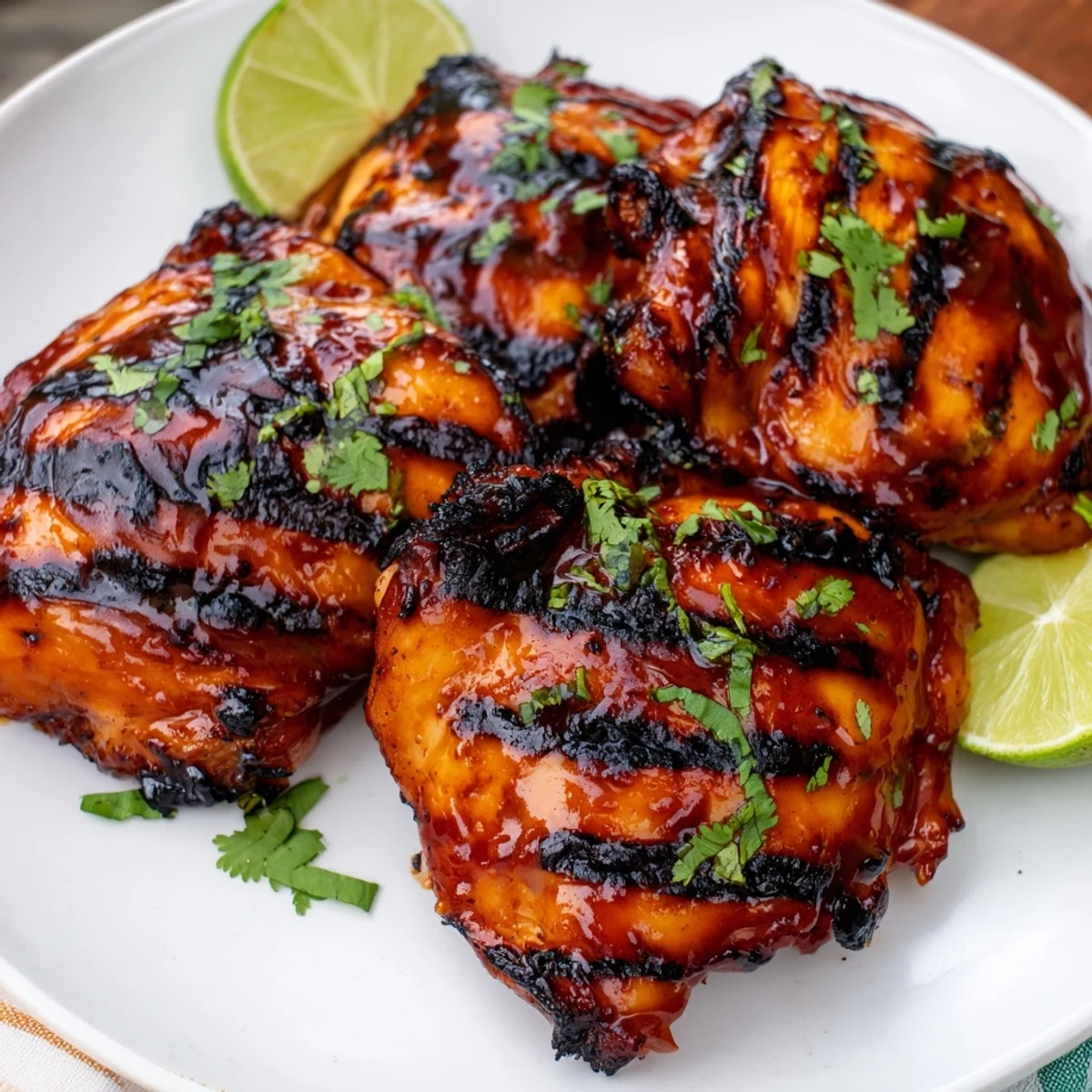 Juicy Sweet N Spicy Grilled Chicken Thighs with caramelized edges fresh off the grill