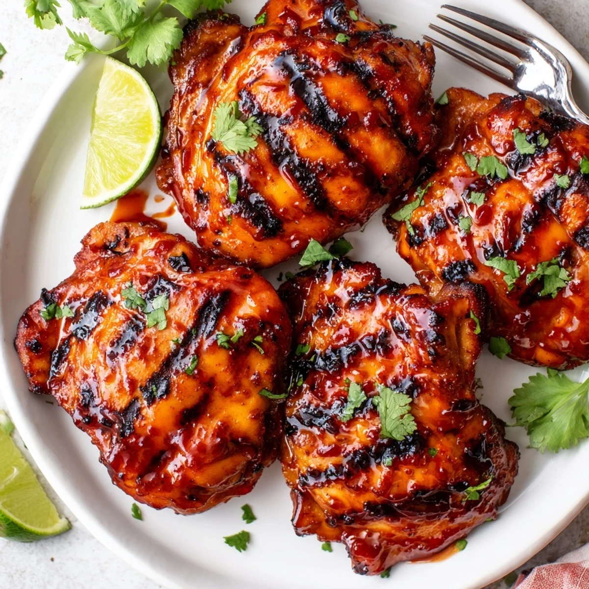 Sweet N Spicy Grilled Chicken Thighs garnished with cilantro and served alongside lime wedges