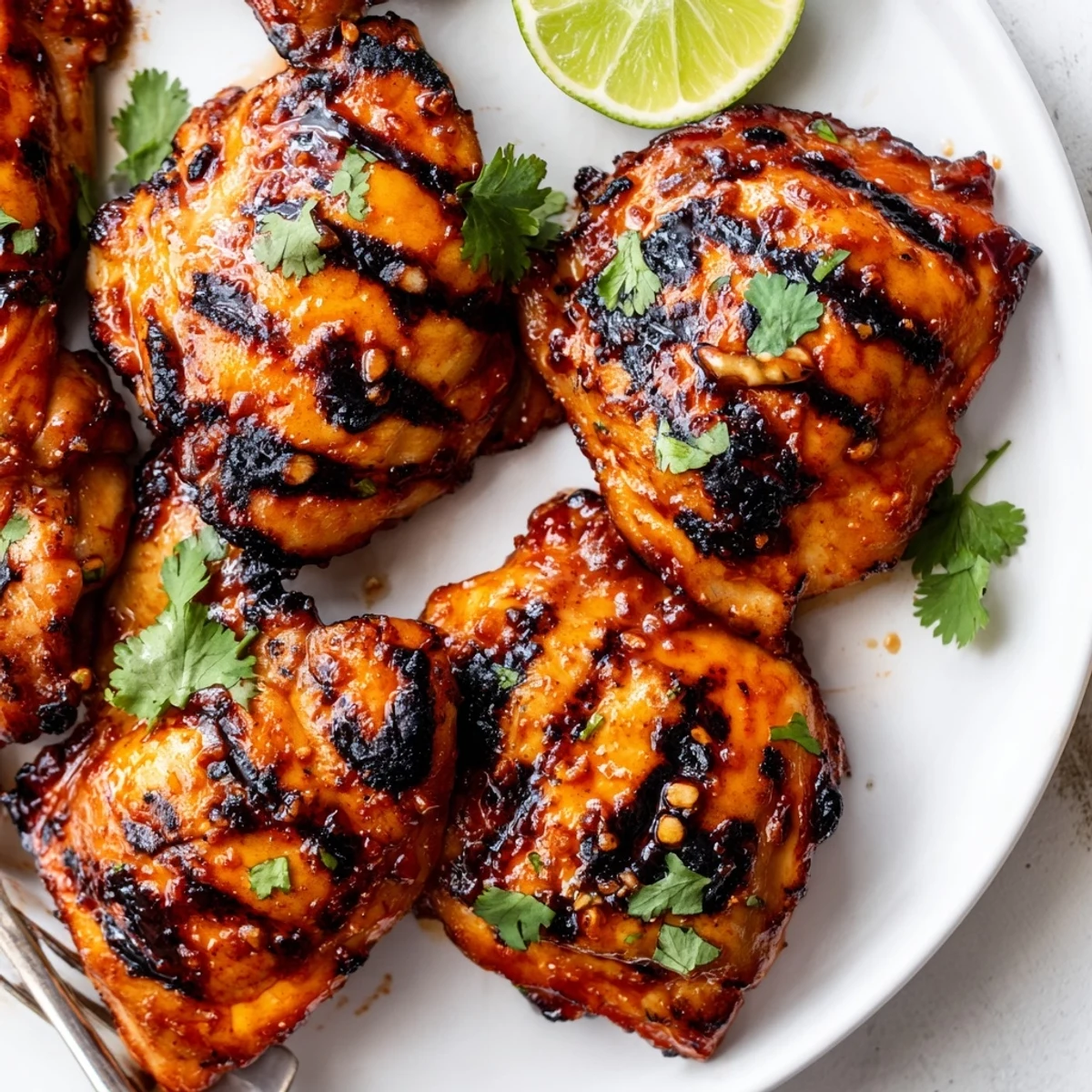 Honey glazed Sweet N Spicy Grilled Chicken Thighs plated with charred grill marks steaming hot