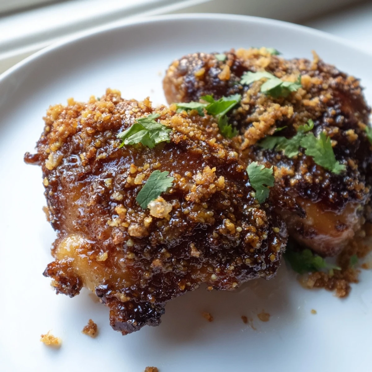 Golden ginger garlic chicken thighs with crispy skin resting on caramelized onions and lemon slices