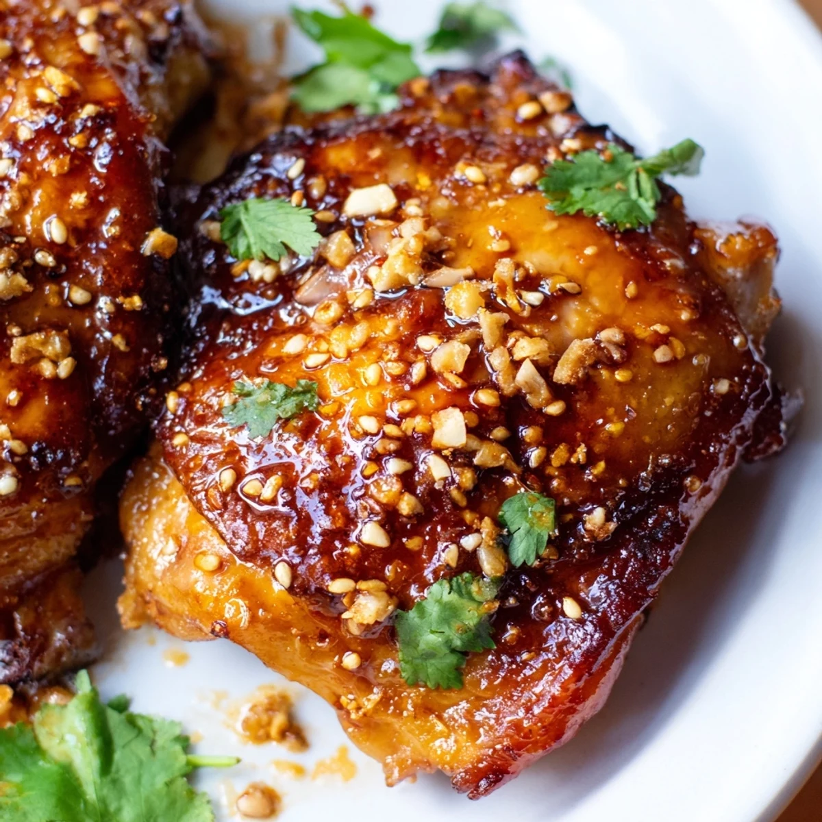 Juicy baked ginger garlic chicken thighs glistening with marinade, garnished with fresh chopped cilantro