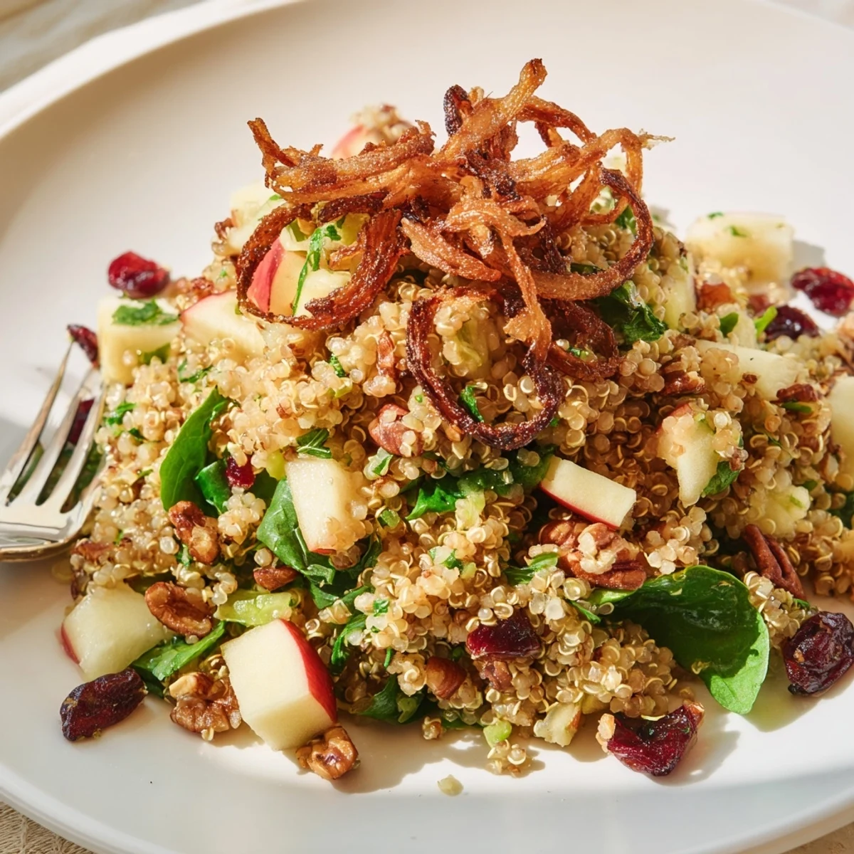 Honey mustard quinoa apple salad topped with crunchy fried shallots dried cranberries and pecans