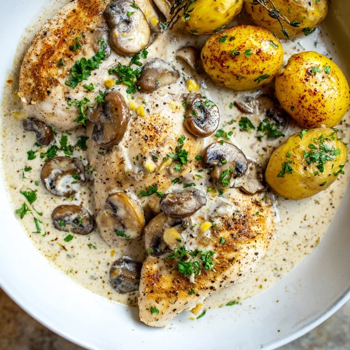 Creamy mushroom chicken with golden herb potatoes on a rustic white plate