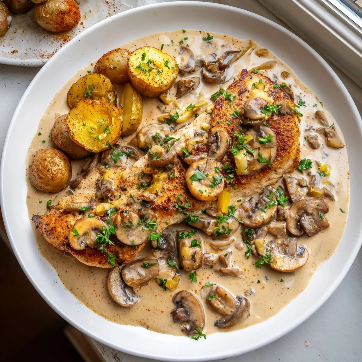 Creamy mushroom chicken topped with fresh thyme served alongside golden crispy herb potatoes