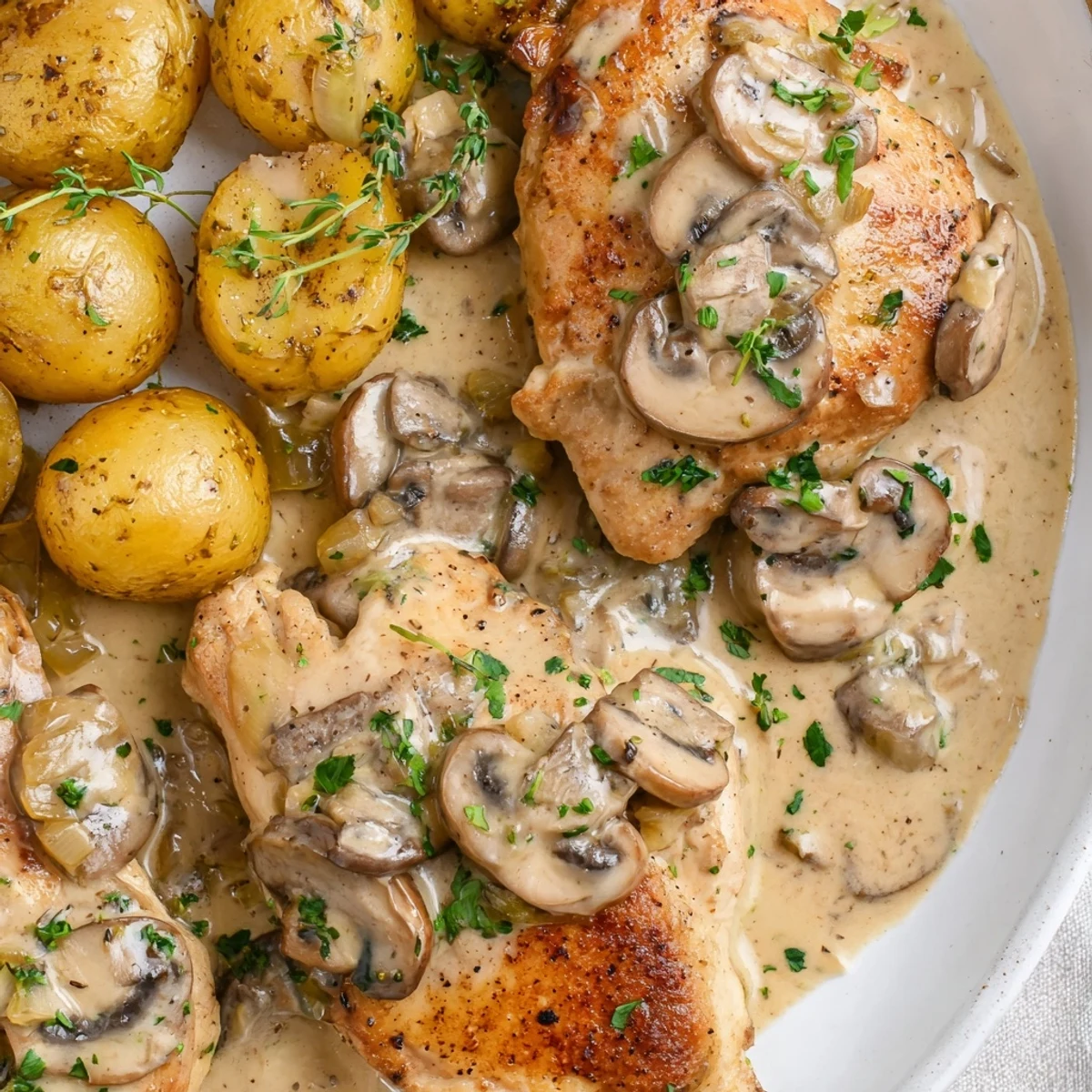 Juicy creamy mushroom chicken smothered in velvety sauce beside crispy roasted potatoes