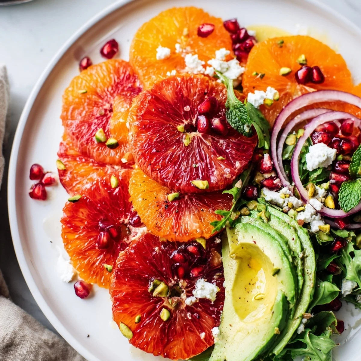 Citrus Salad with pomegranate jewels, creamy avocado, and crumbled feta served on a rustic platter