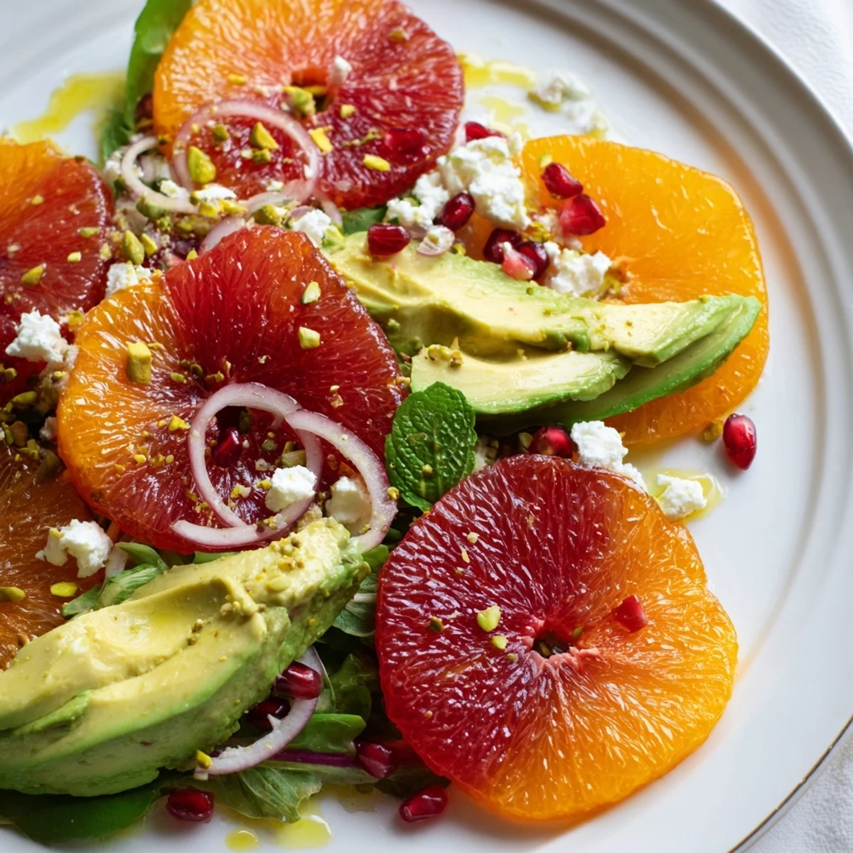 Bright citrus segments and ruby pomegranate jewels crown this Mediterranean Citrus Salad with avocado and feta