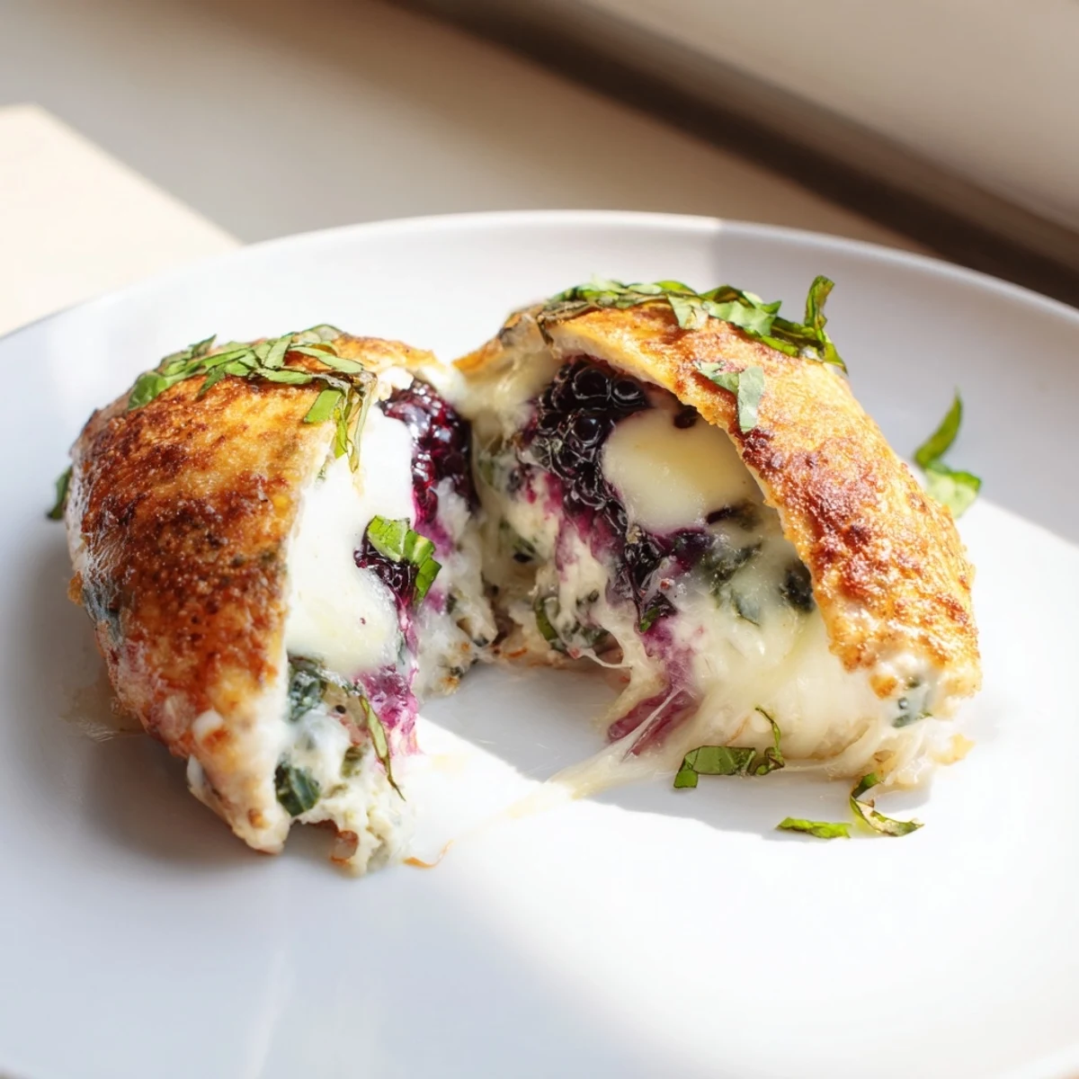 Golden baked blackberry jalapeno stuffed chicken oozing with creamy melted goat cheese