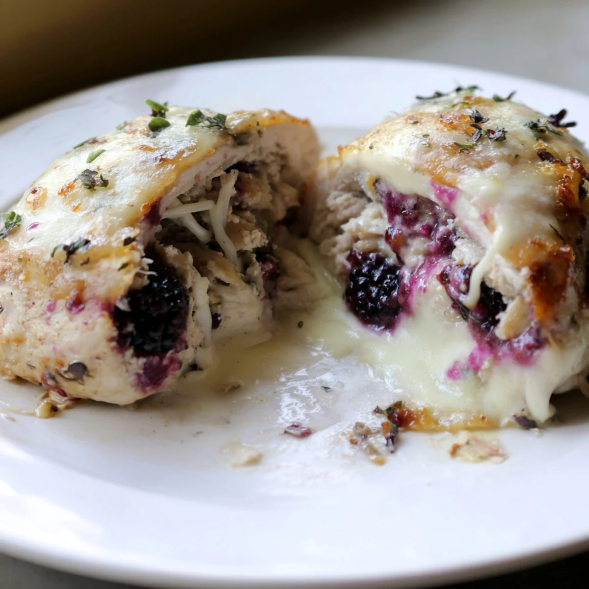 Blackberry jalapeno stuffed chicken seared crispy and topped with bubbling mozzarella cheese