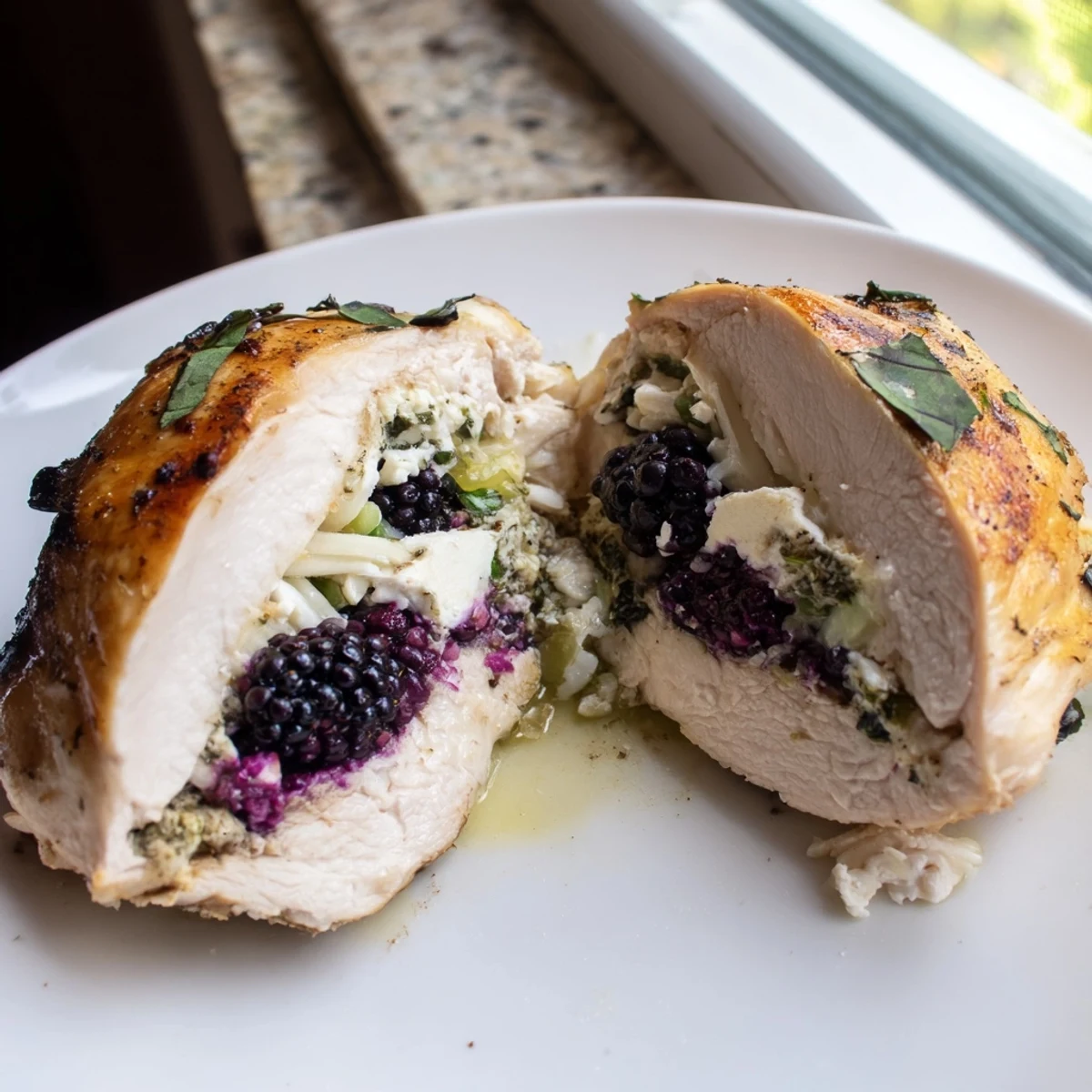 Juicy blackberry jalapeno stuffed chicken sliced open revealing a vibrant purple berry filling