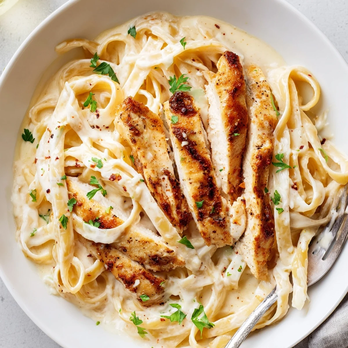 Creamy Garlic Parmesan Chicken Pasta draped in silky sauce on a white plate
