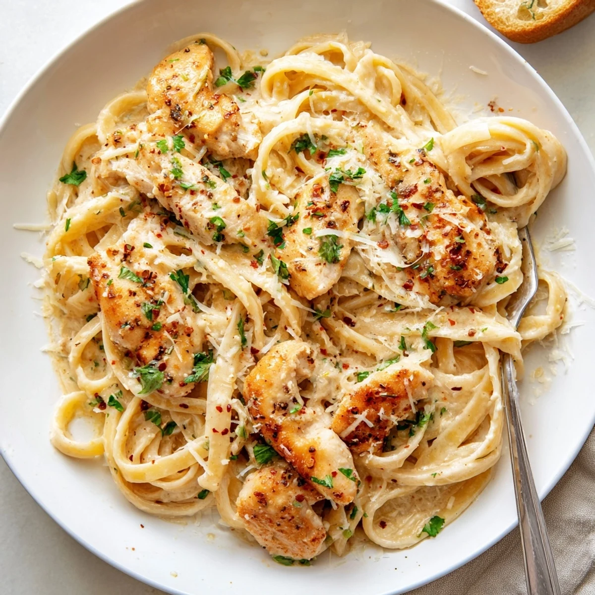 Golden chicken strips tangled in Creamy Garlic Parmesan Chicken Pasta with fresh parsley