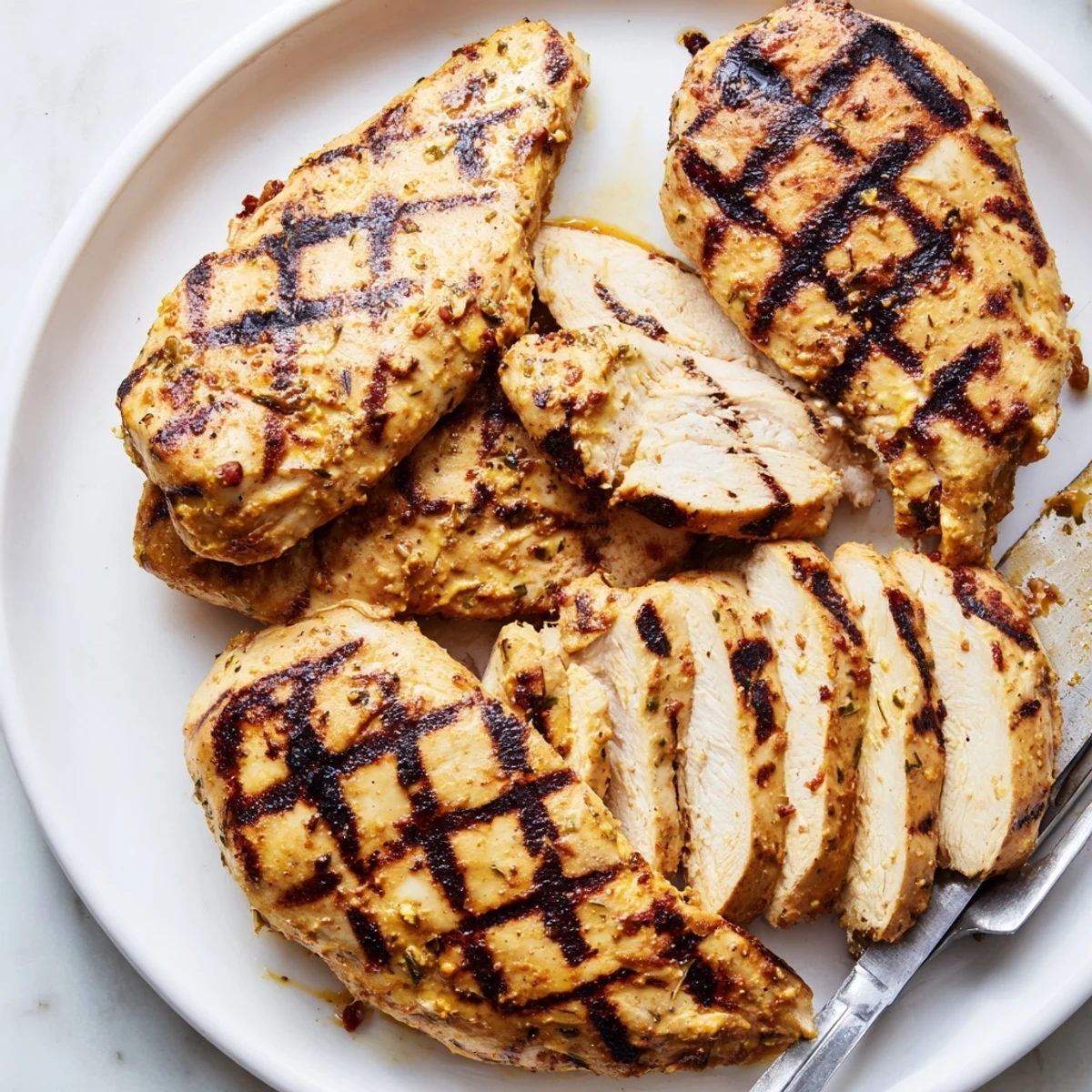 Golden grilled chicken with herb-flecked skin, fresh off a smoky backyard grill.