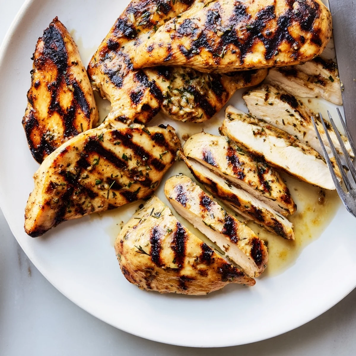 Mayo marinated grilled chicken sliced open, revealing tender and juicy meat inside.