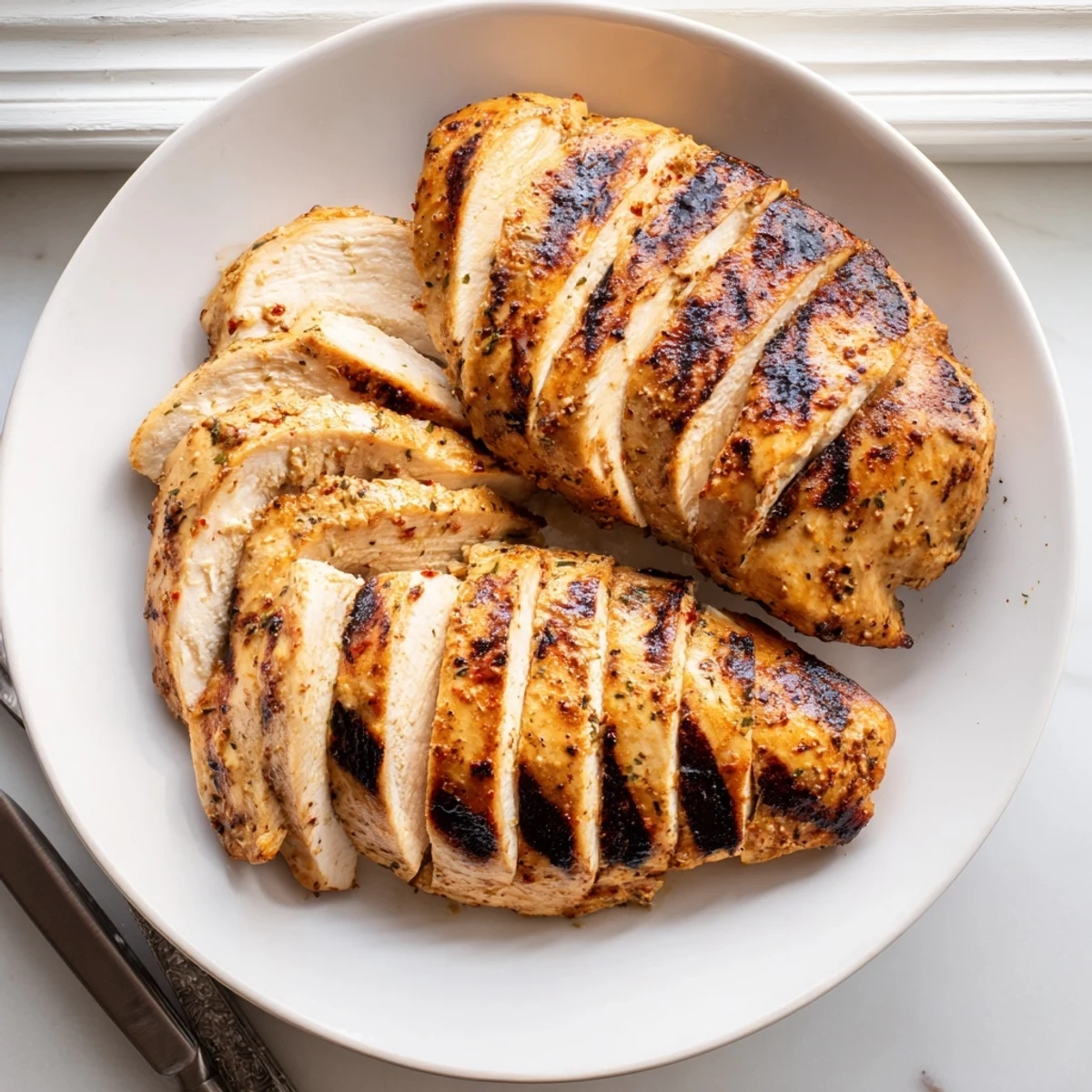 Charred chicken breasts glistening with creamy herb marinade, plated with fresh lemon wedges.