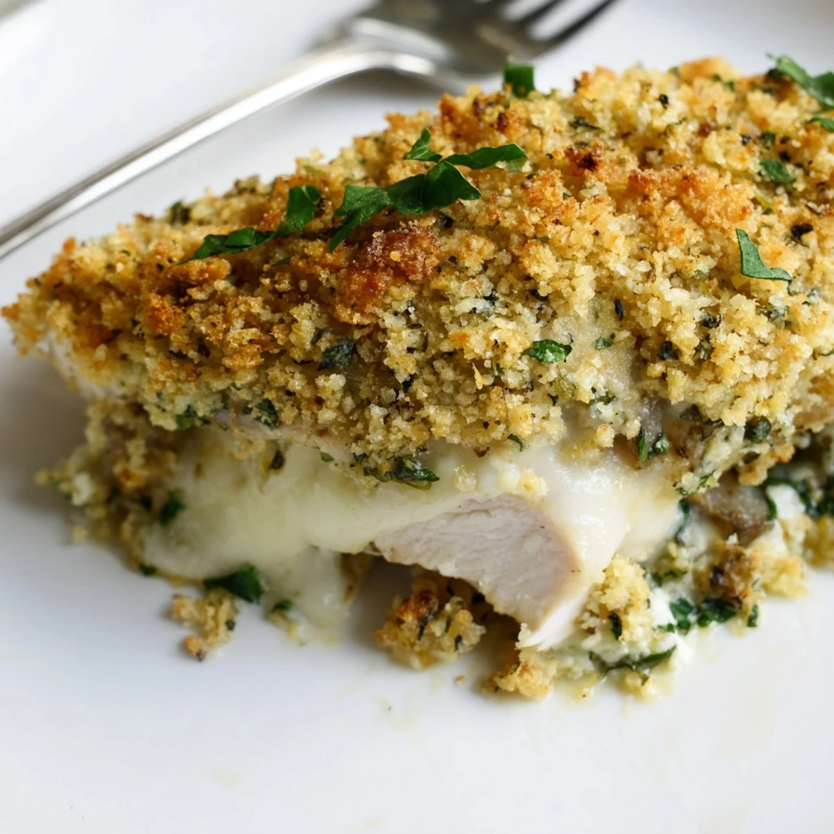 Golden crispy ricotta chicken bake bubbling with melted mozzarella and herbs