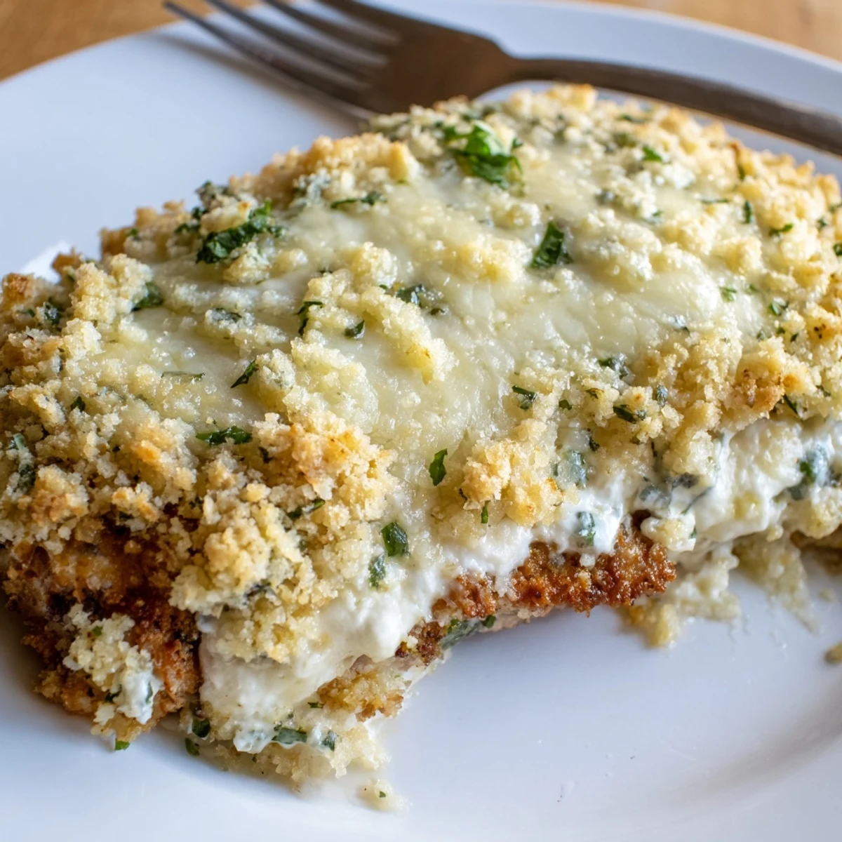 Creamy ricotta chicken bake topped with a crunchy golden Parmesan breadcrumb crust