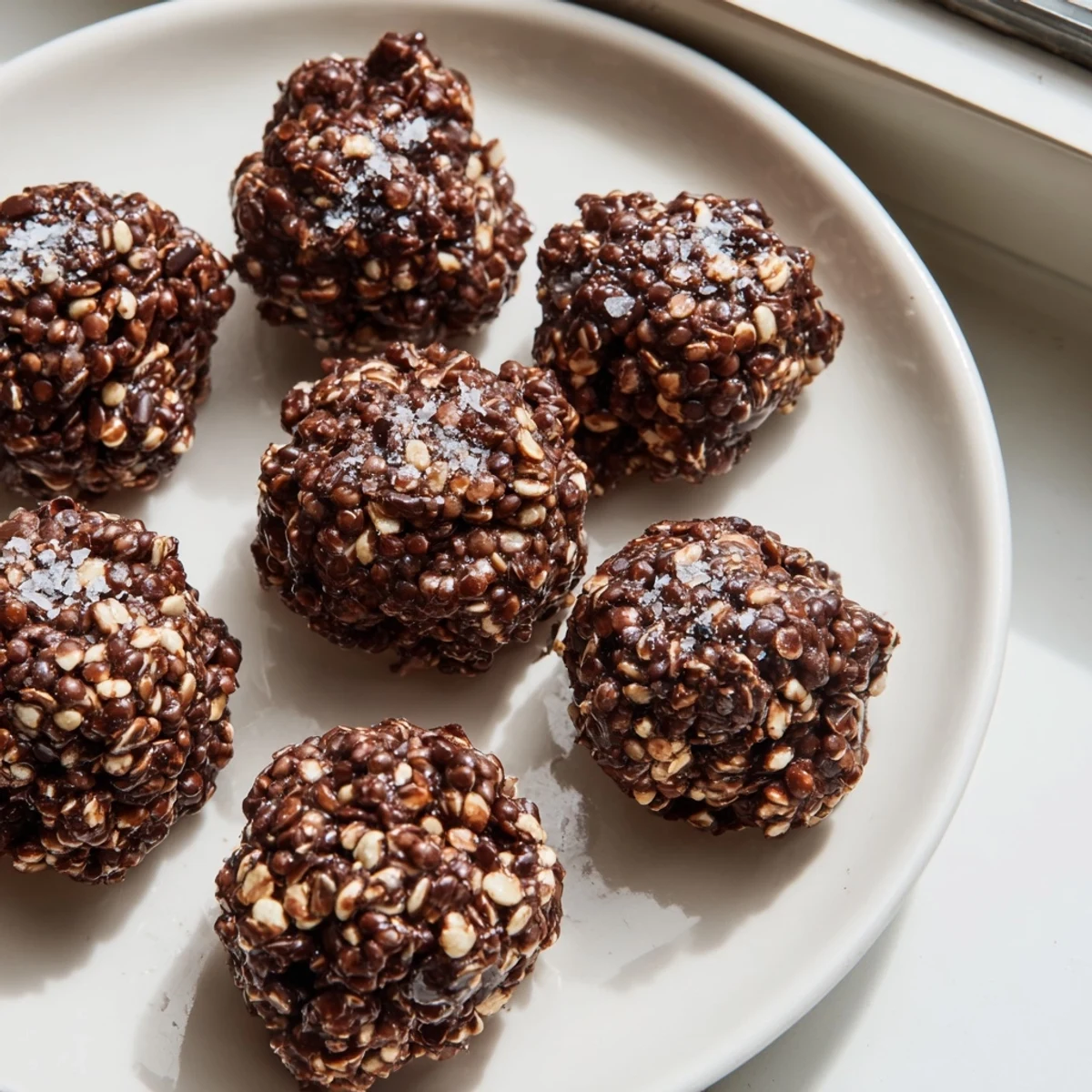 Chocolate Quinoa Crunch Bites topped with sea salt on a parchment-lined baking sheet