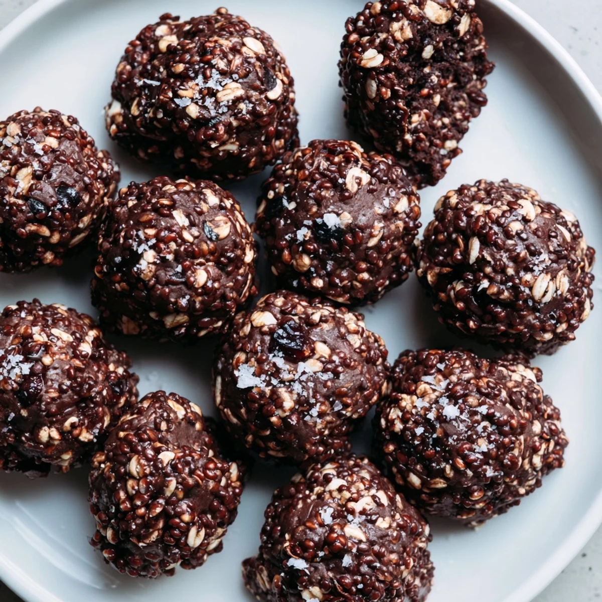Glossy Chocolate Quinoa Crunch Bites arranged on a white plate for easy healthy snacking
