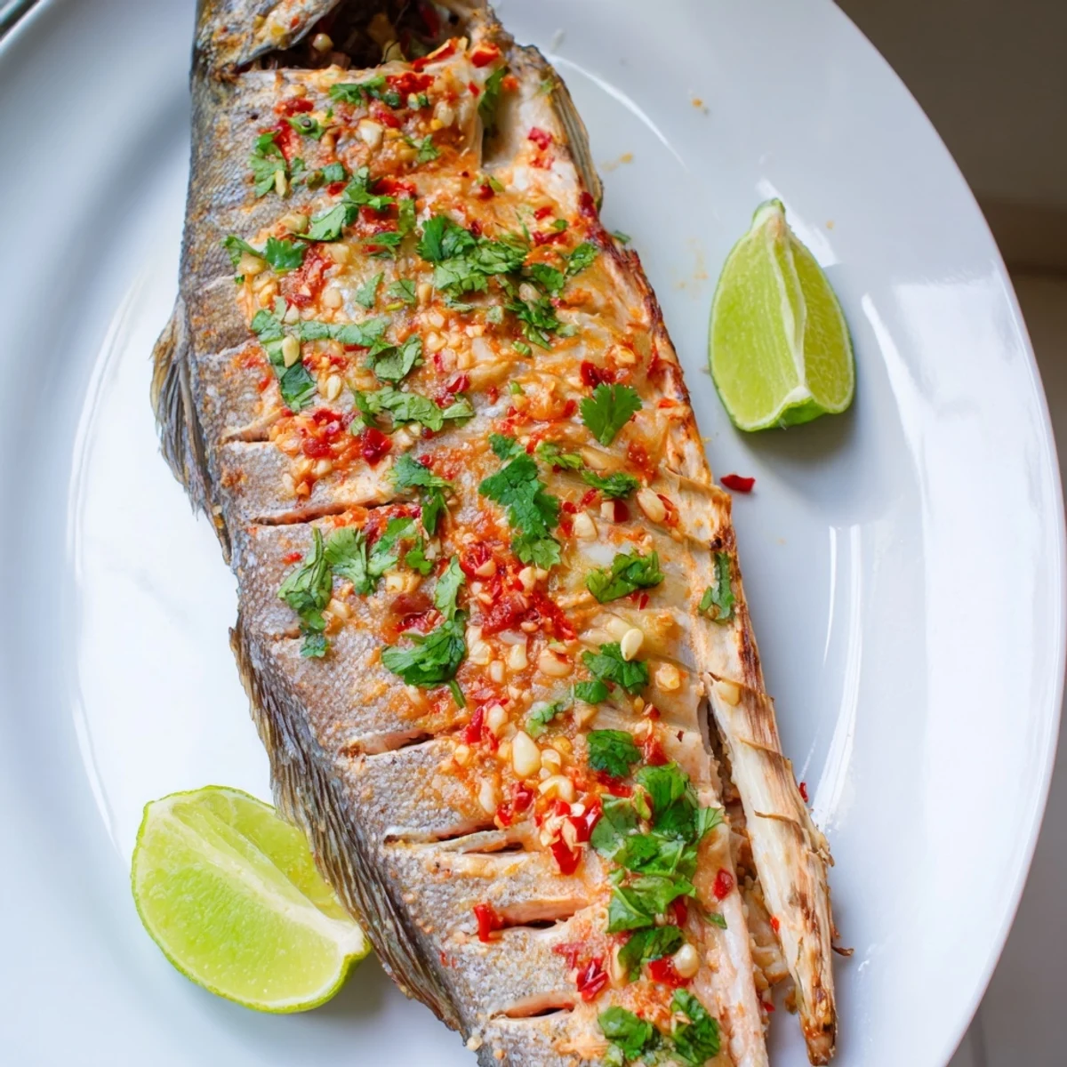 Golden chili lime baked trout garnished with fresh cilantro and lime wedges on a white plate