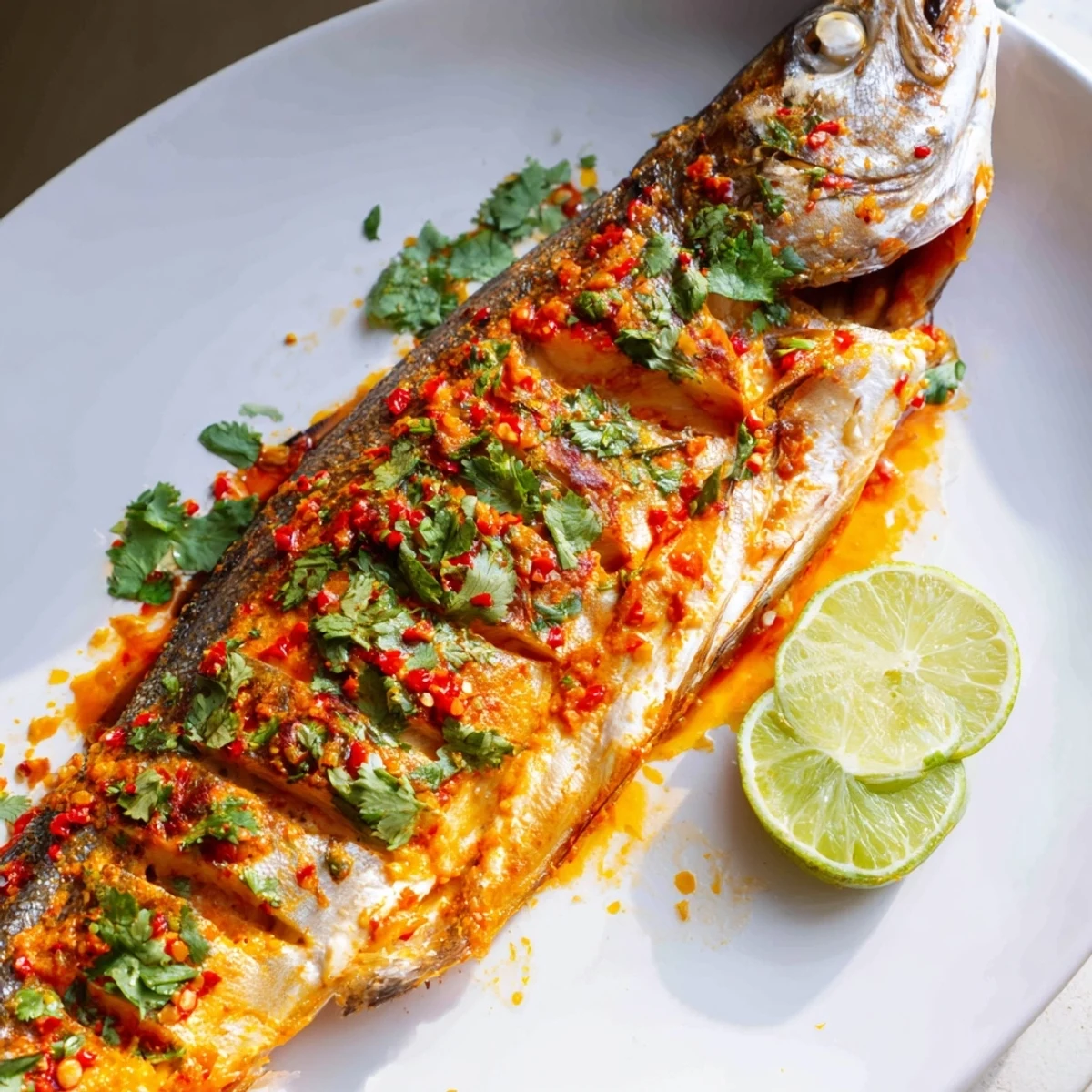 Tender baked trout with zesty chili-lime glaze served alongside roasted potatoes and salad
