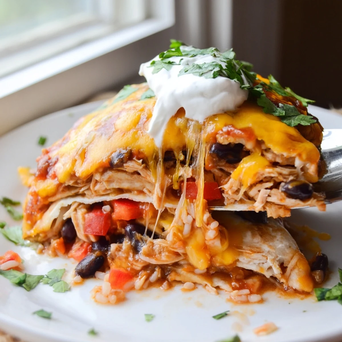 Golden chicken burrito casserole with melted cheese and fresh cilantro garnish