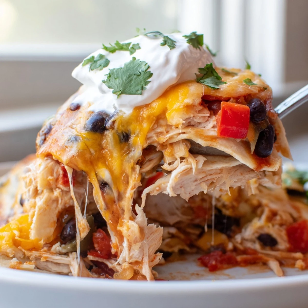 Creamy chicken burrito casserole bubbling with melted cheddar in a baking dish