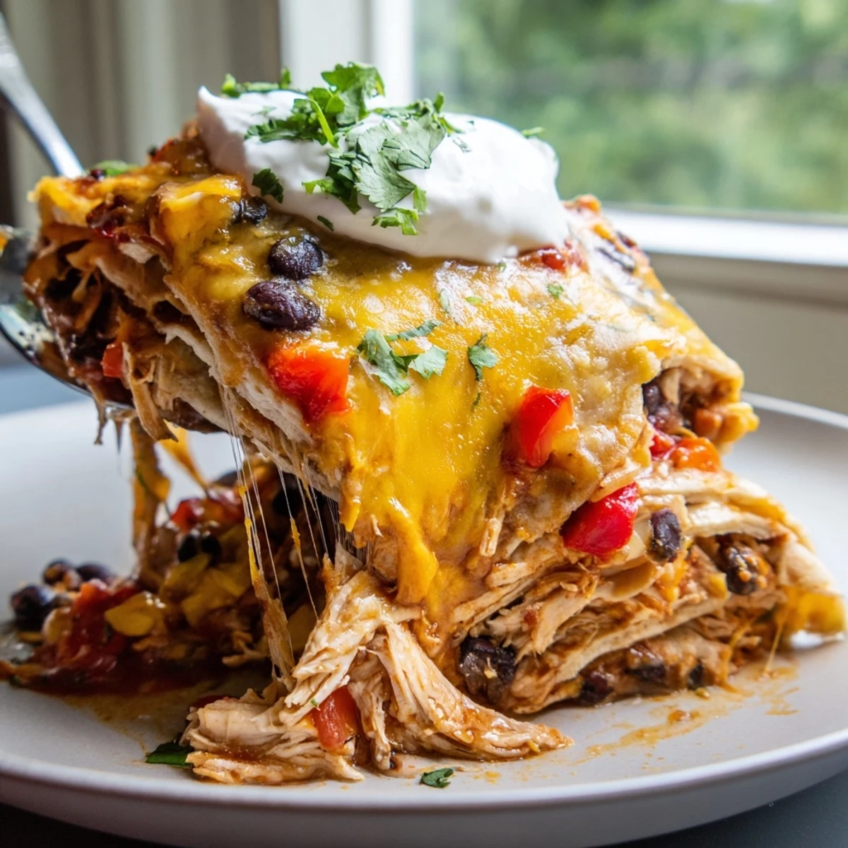 Sliced chicken burrito casserole layered with beans, rice, salsa, and sour cream