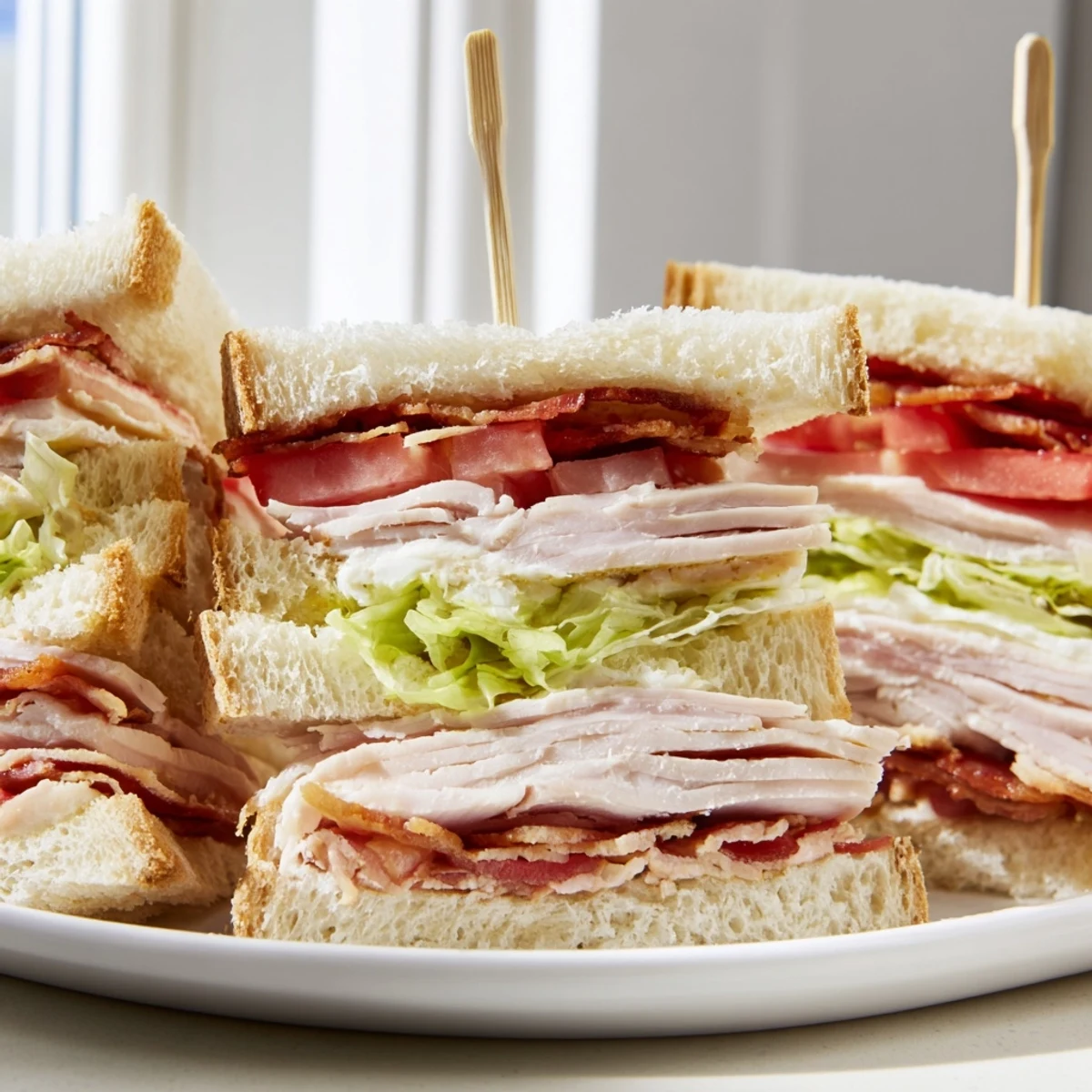 Club Sandwich stacked with turkey, bacon, lettuce, and tomato on toasted bread