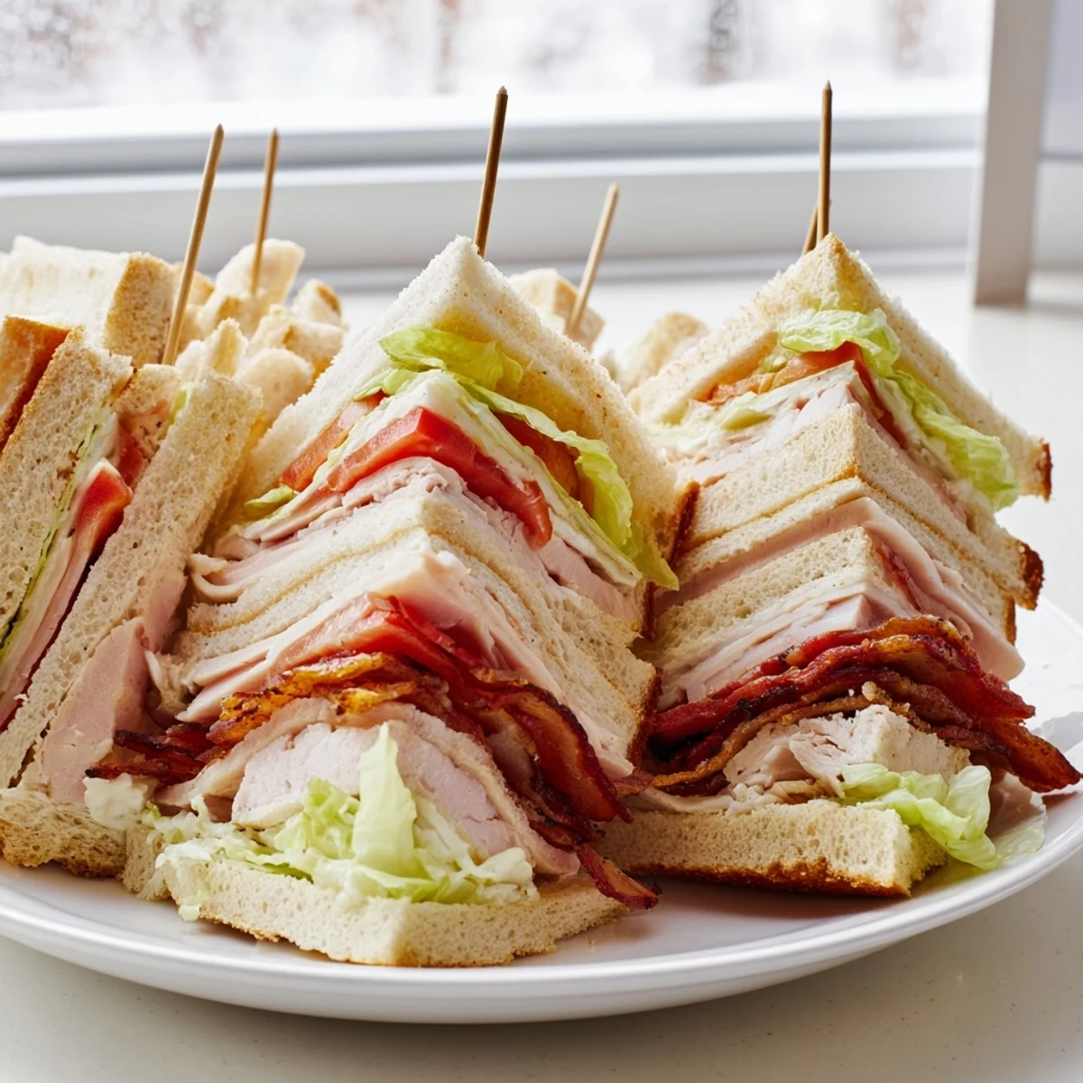 Triple-decker club sandwich featuring crispy bacon, fresh lettuce, and juicy tomato slices