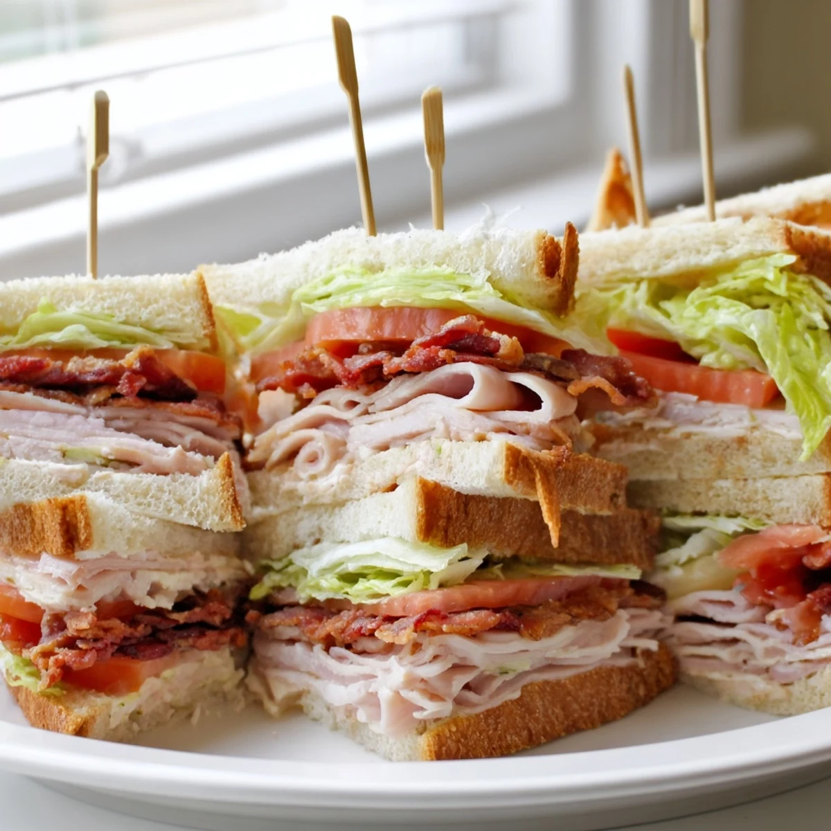 Club Sandwich cut into pinwheel quarters showcasing layered meats and crisp vegetables