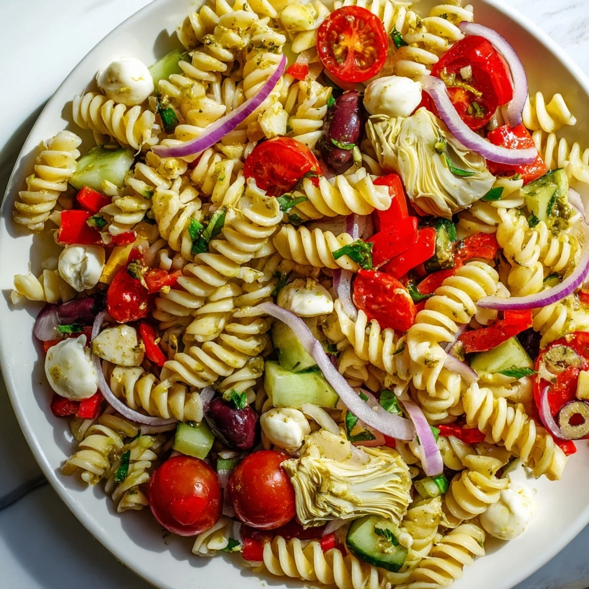 Bowls of vegetarian Italian pasta salad studded with cherry tomatoes and mozzarella pearls