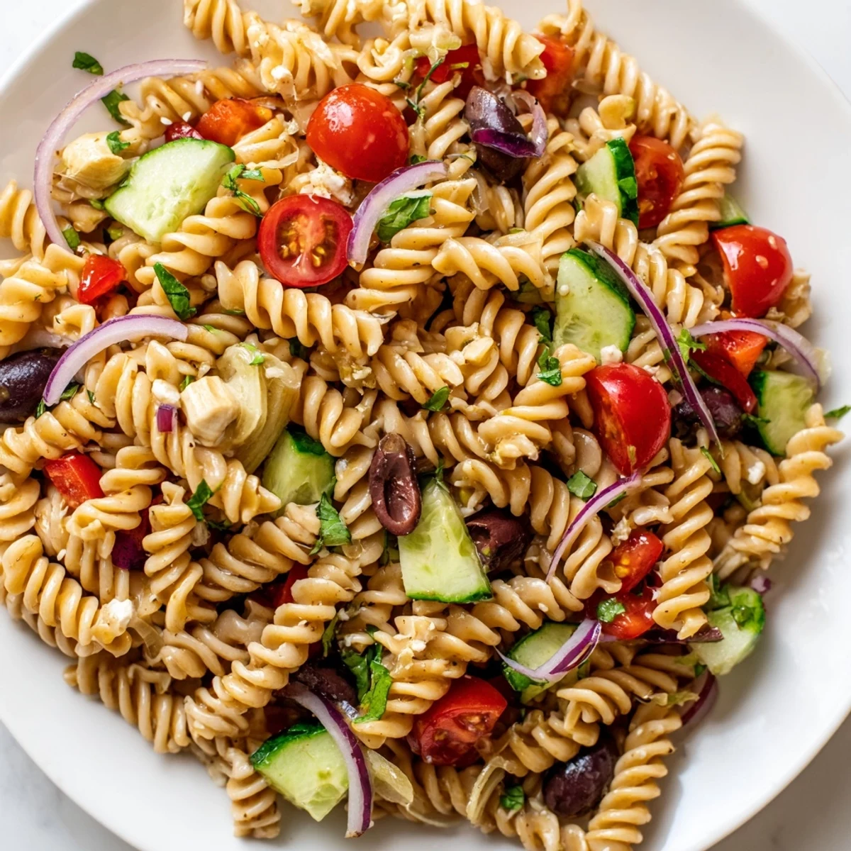 Colorful vegetarian Italian pasta salad tossed with crisp vegetables and tangy vinaigrette