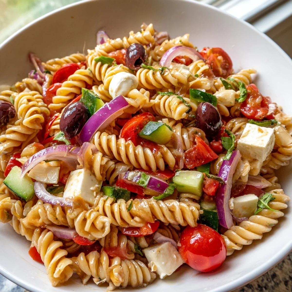 Vibrant vegetarian Italian pasta salad served fresh on a rustic wooden picnic table