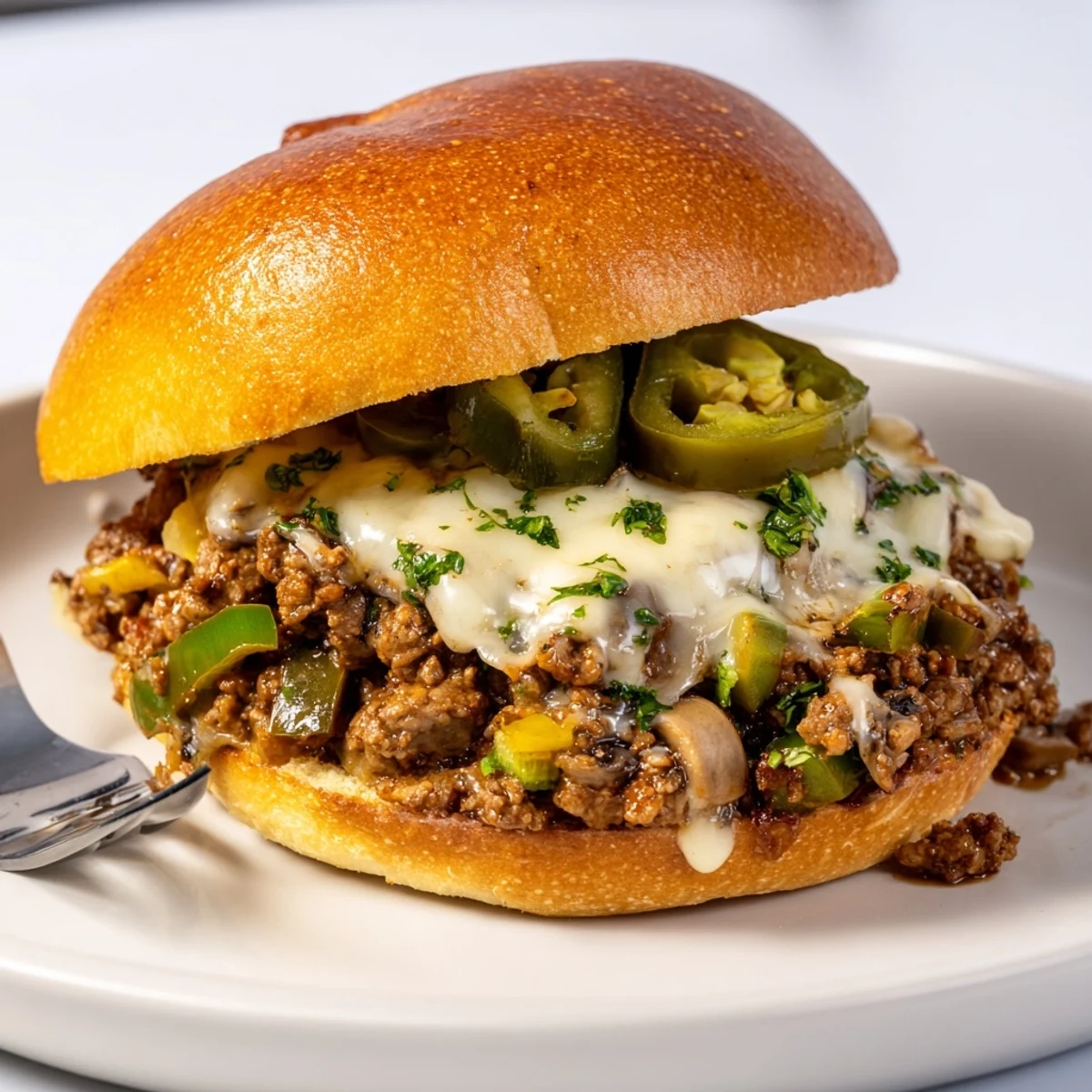 Cheesy Philly Sloppy Joes with melted provolone dripping over a golden toasted brioche bun