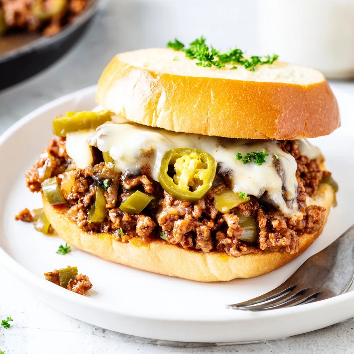 Juicy ground beef and sautéed peppers smothered in melted cheese for cheesy Philly Sloppy Joes