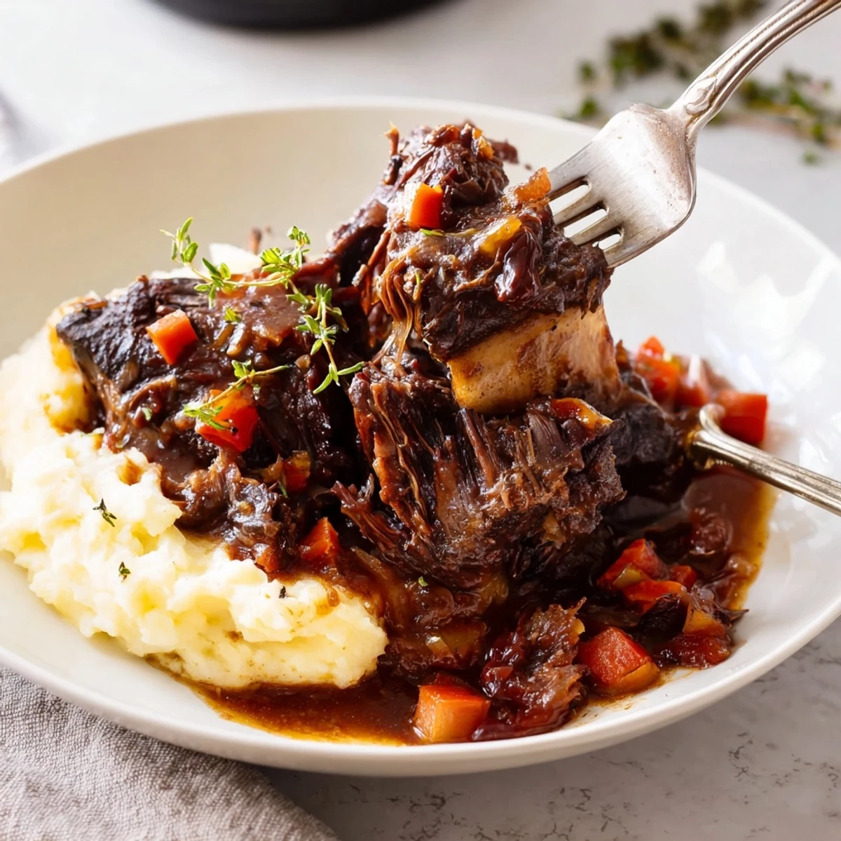 Tender oven braised beef short ribs glistening with rich, savory red wine sauce